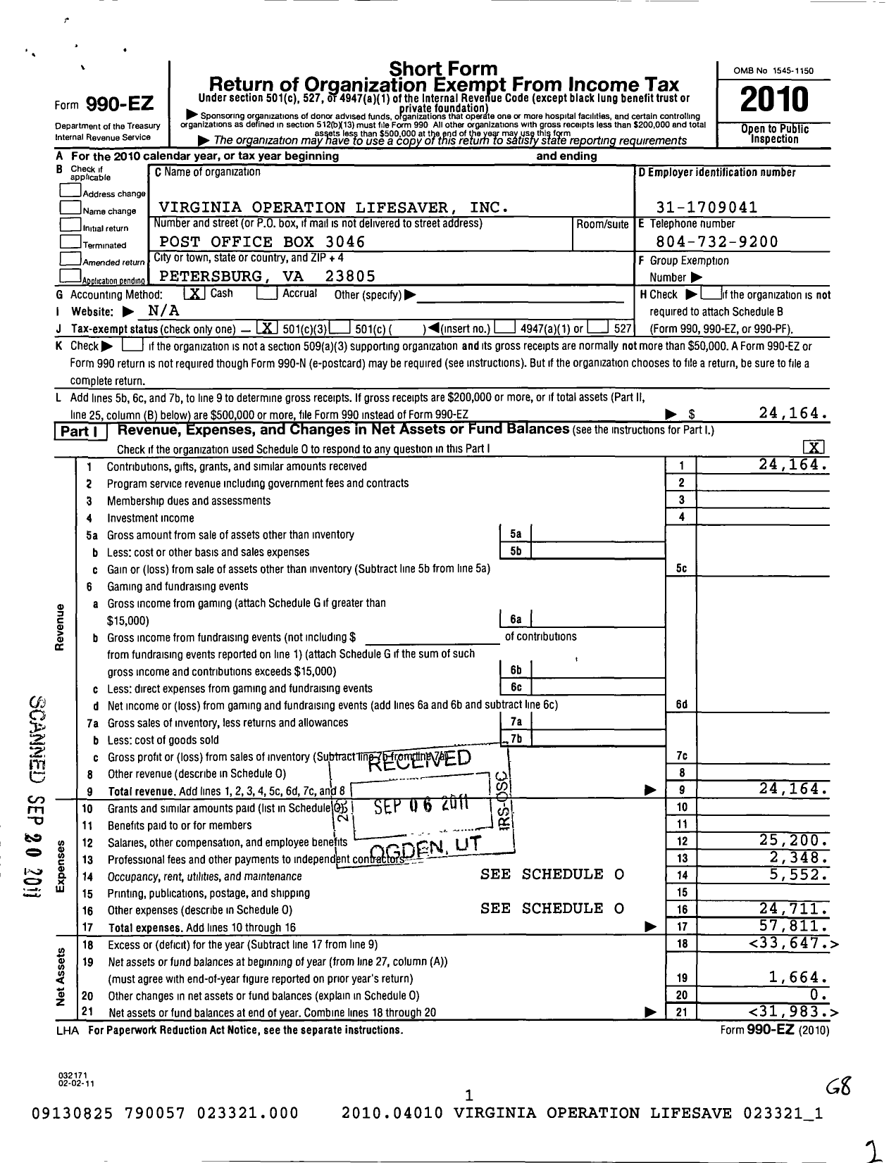 Image of first page of 2010 Form 990EZ for Virginia Operation Lifesaver