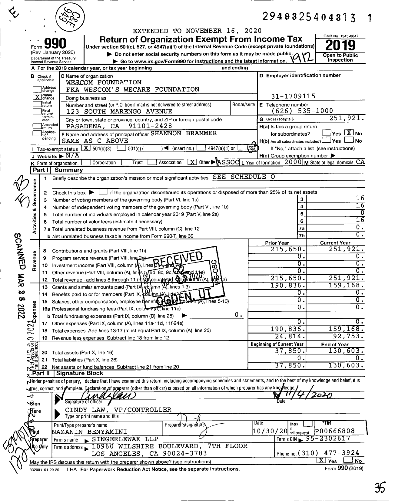 Image of first page of 2019 Form 990 for Wescom's Foundation