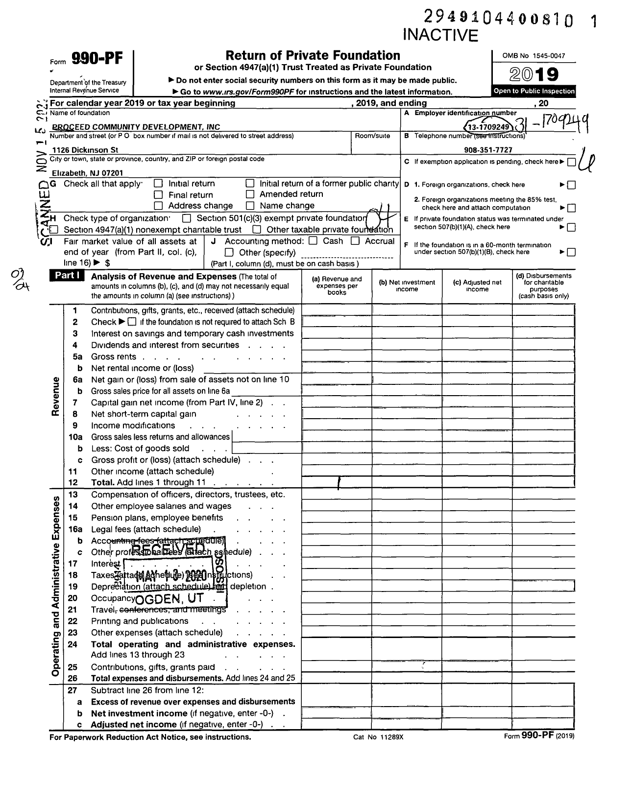 Image of first page of 2019 Form 990PF for PROCEED Community Development Corporation