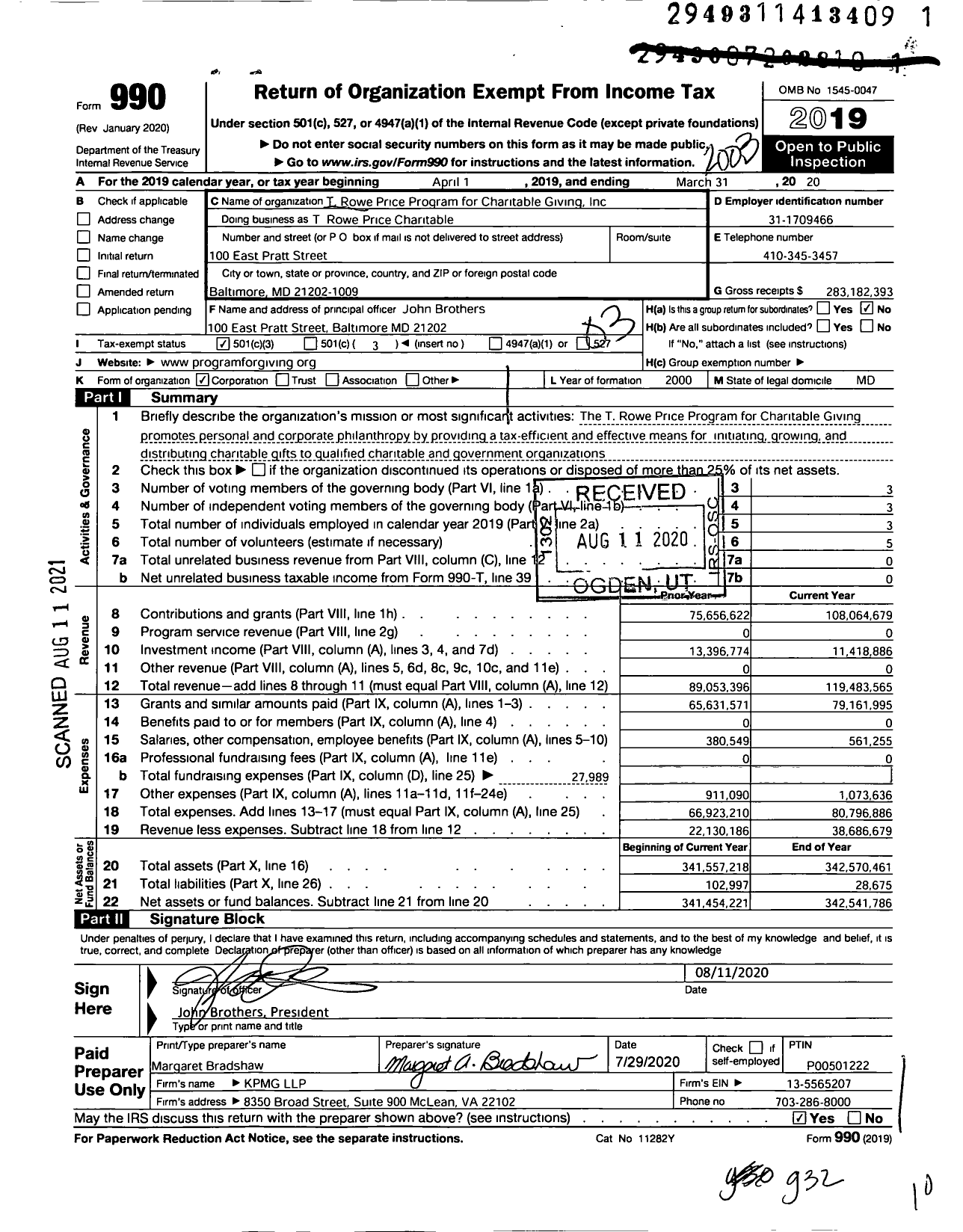 Image of first page of 2019 Form 990 for T Rowe Price Charitable
