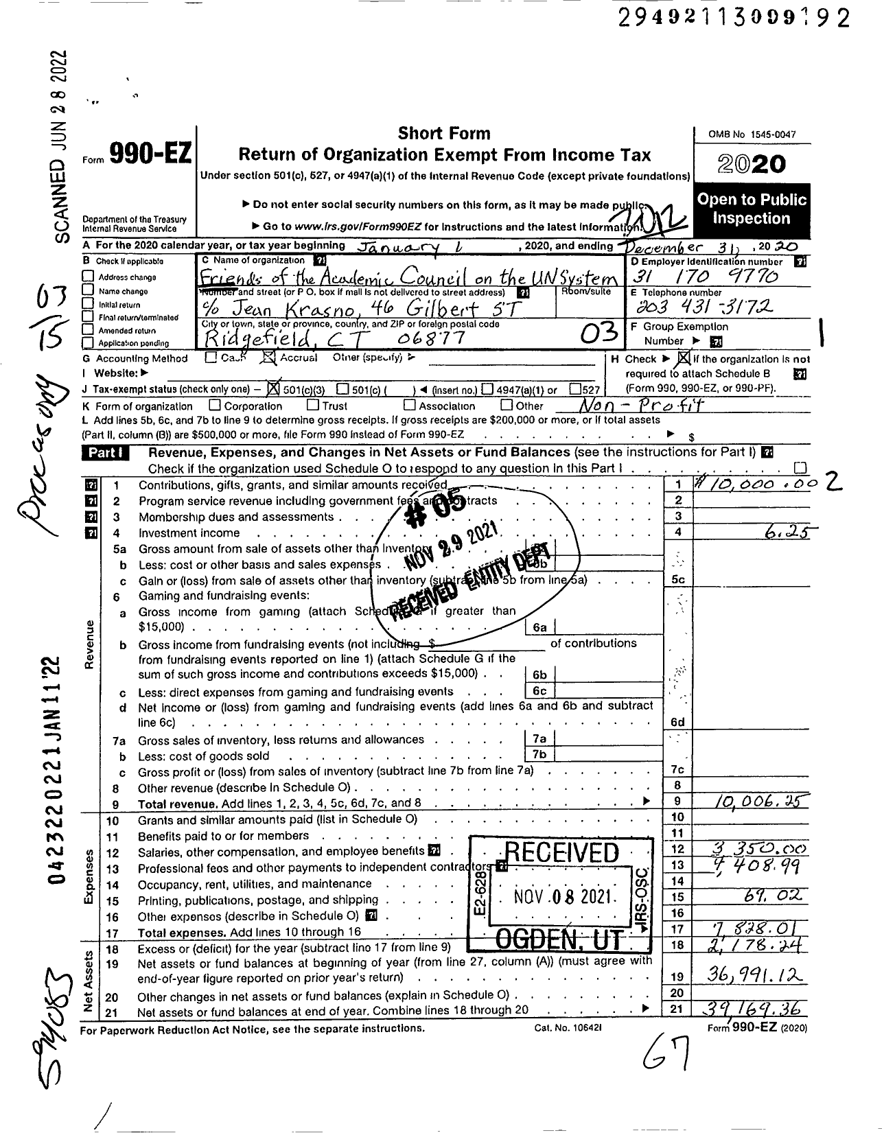 Image of first page of 2020 Form 990EZ for The Academic Council on The UN System