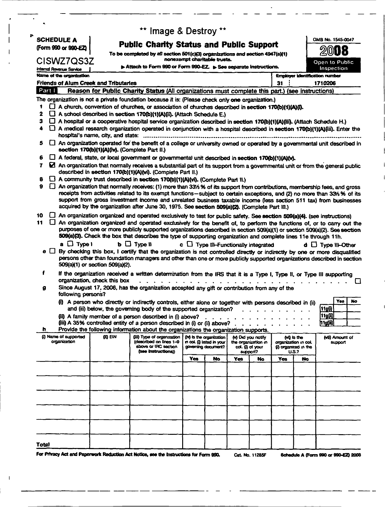 Image of first page of 2008 Form 990ER for Friends of Alum Creek and Tributaries