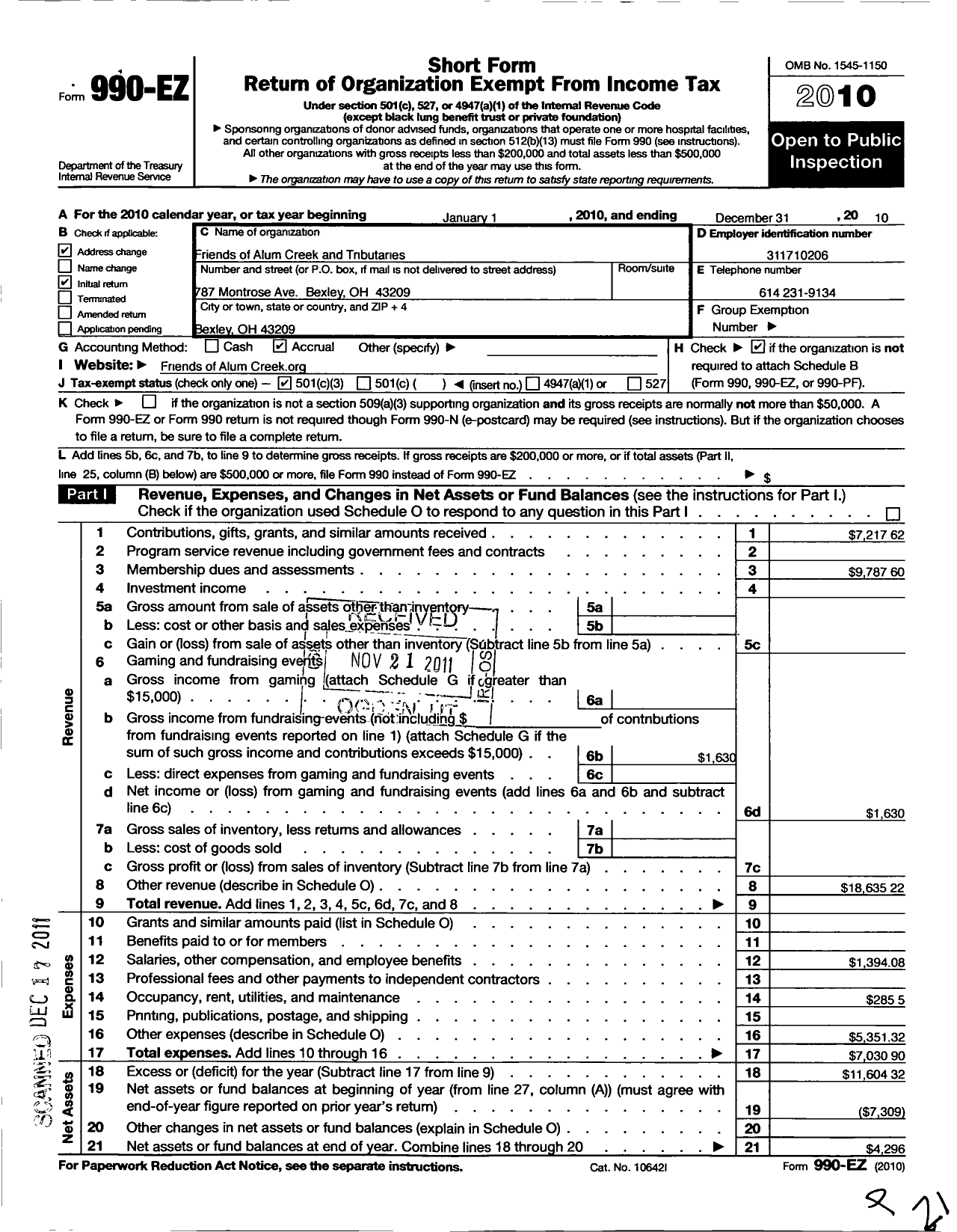 Image of first page of 2010 Form 990EZ for Friends of Alum Creek and Tributaries