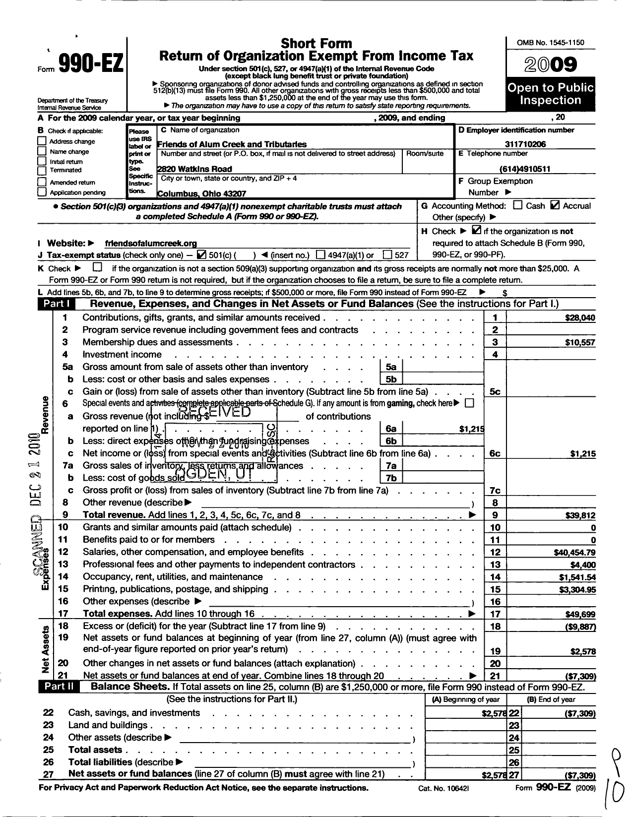 Image of first page of 2009 Form 990EO for Friends of Alum Creek and Tributaries