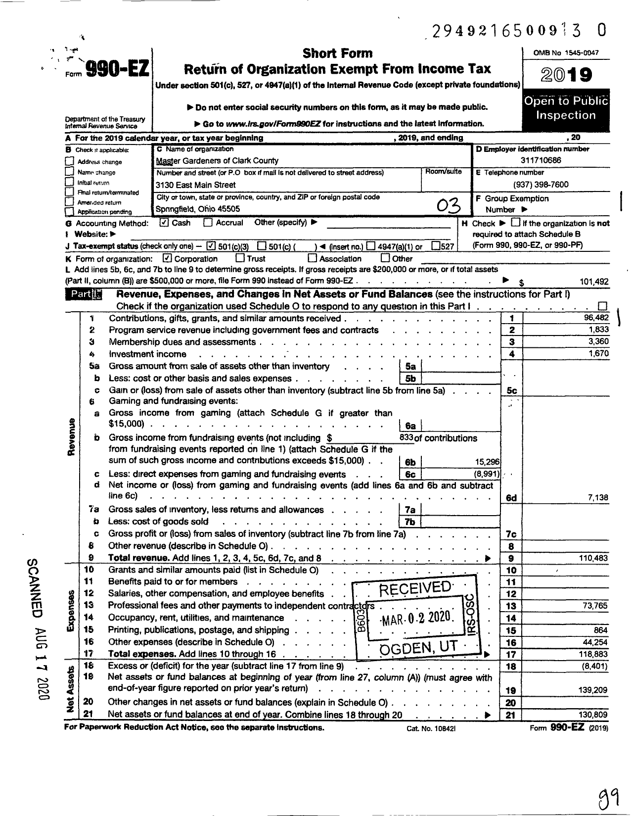 Image of first page of 2019 Form 990EZ for Master Gardeners of Clark County