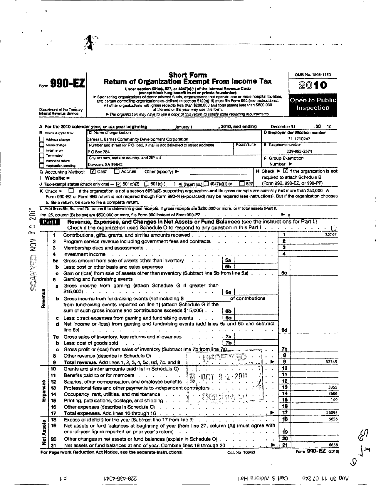 Image of first page of 2010 Form 990EZ for James L Barnes Community Development Corporation