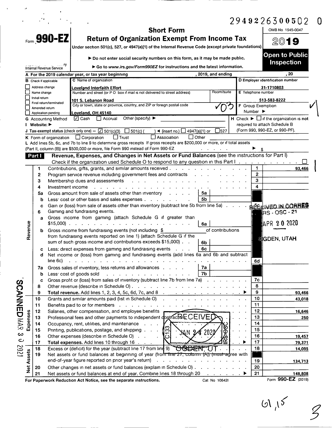 Image of first page of 2019 Form 990EZ for Loveland Interfaith Faith Effort LIFE Food Pantry