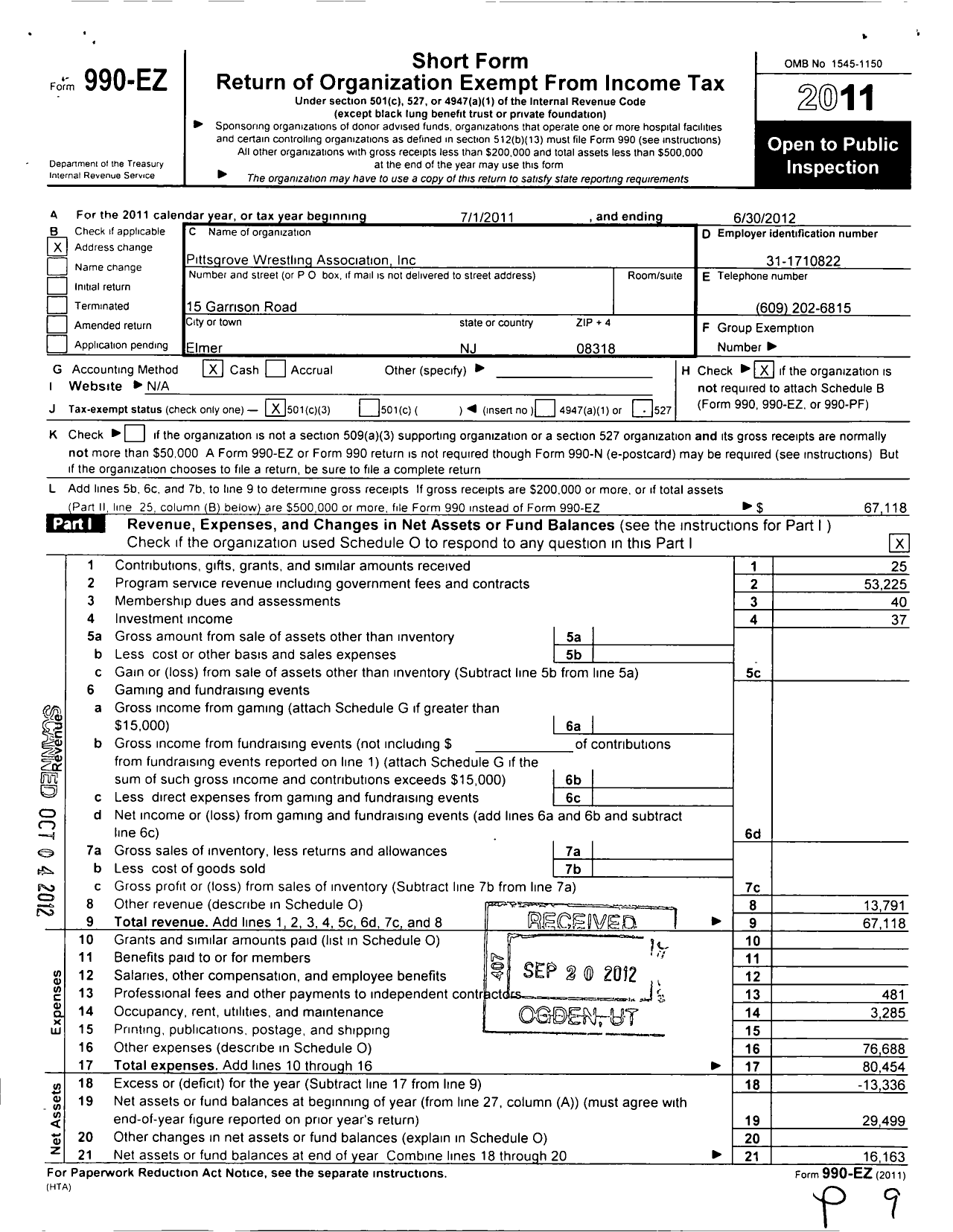 Image of first page of 2011 Form 990EZ for Pittsgrove Wrestling Association