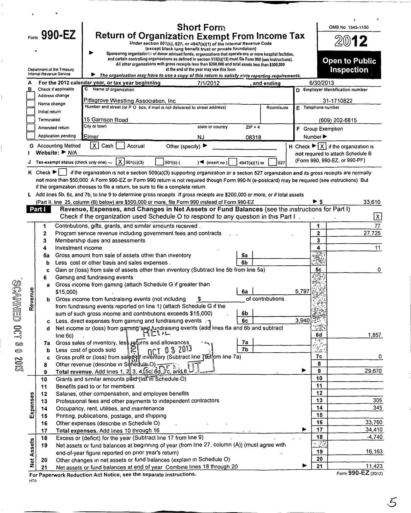 Image of first page of 2012 Form 990EZ for Pittsgrove Wrestling Association