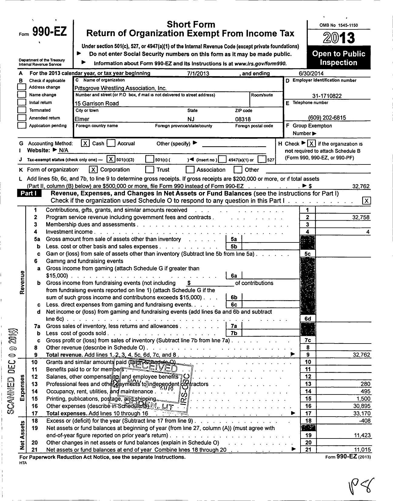 Image of first page of 2013 Form 990EZ for Pittsgrove Wrestling Association