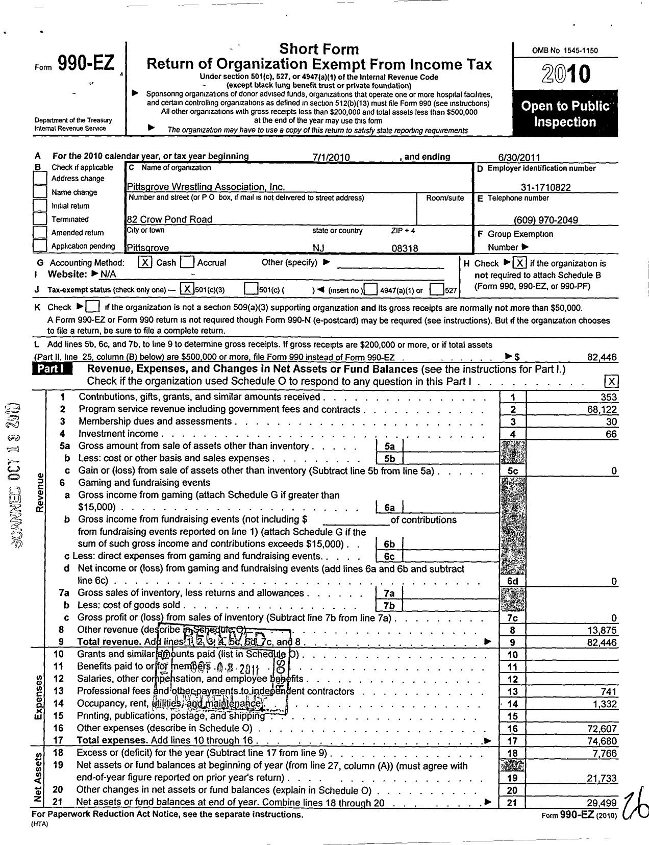 Image of first page of 2010 Form 990EZ for Pittsgrove Wrestling Association