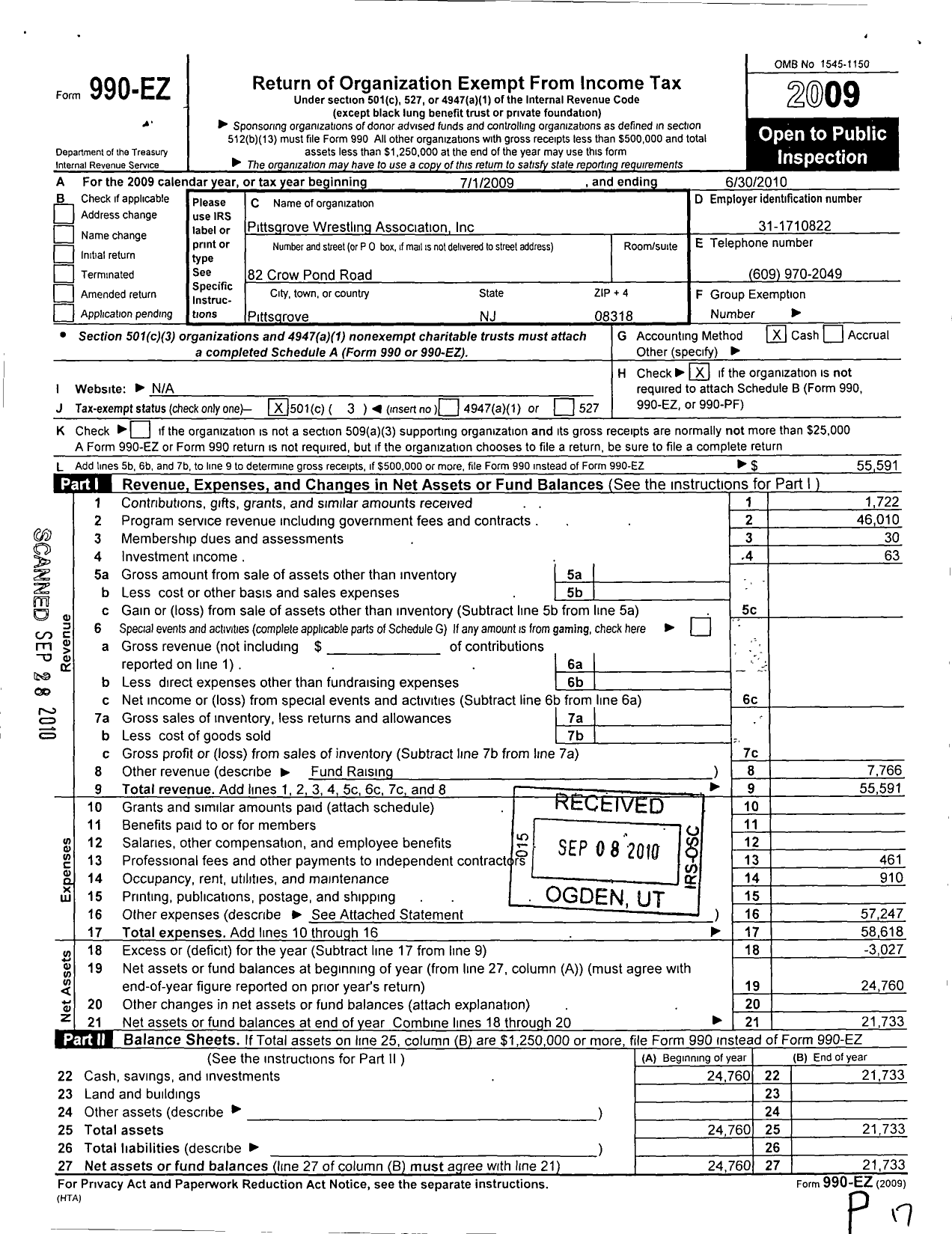 Image of first page of 2009 Form 990EZ for Pittsgrove Wrestling Association