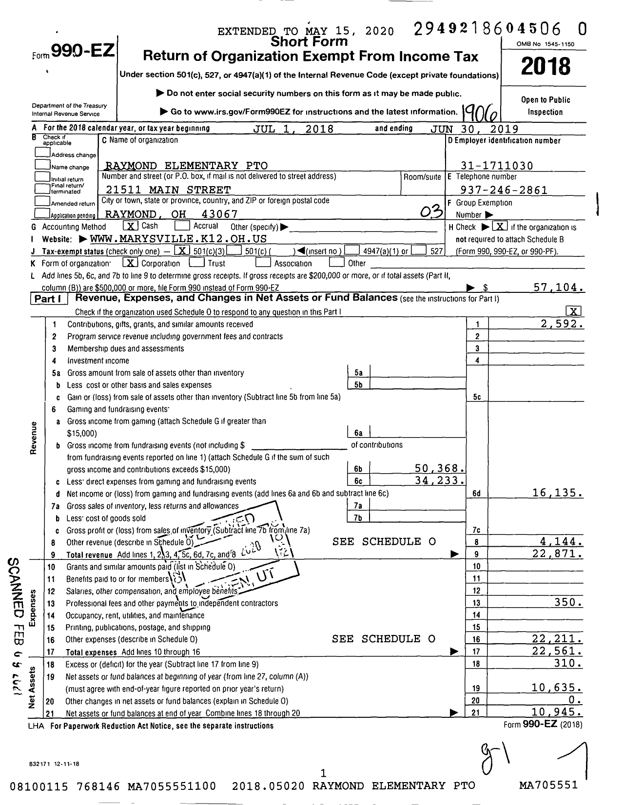 Image of first page of 2018 Form 990EZ for Raymond Elementary Parent Teacher Organization