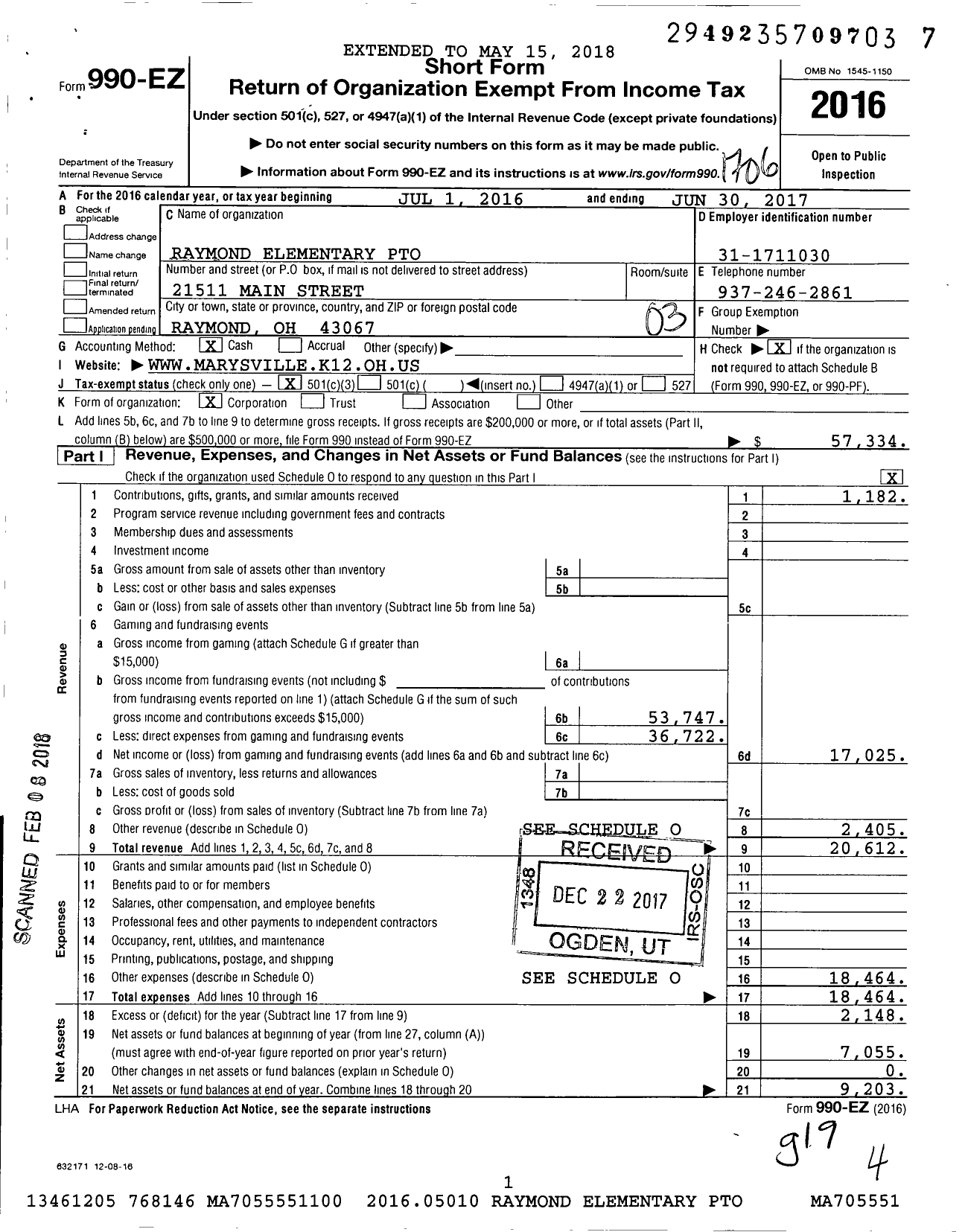 Image of first page of 2016 Form 990EZ for Raymond Elementary Parent Teacher Organization