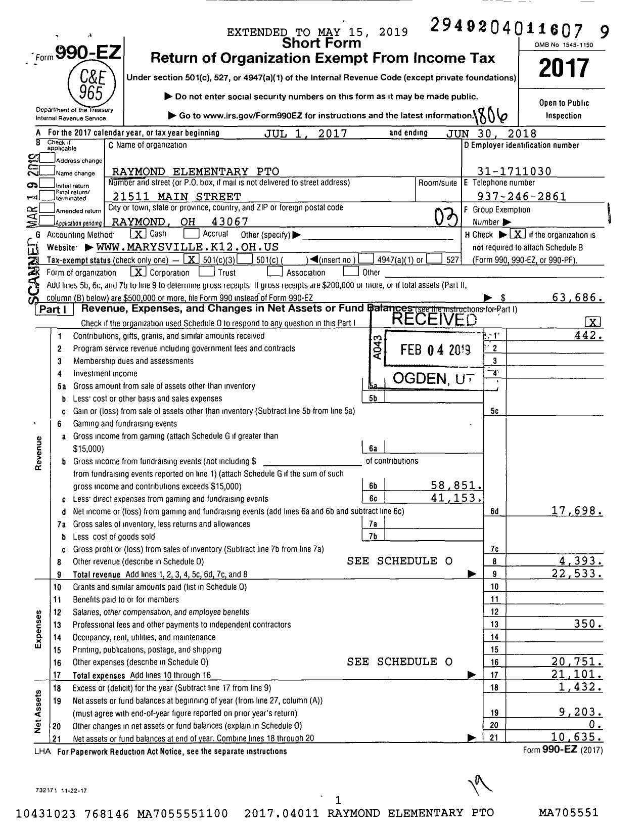 Image of first page of 2017 Form 990EZ for Raymond Elementary Parent Teacher Organization