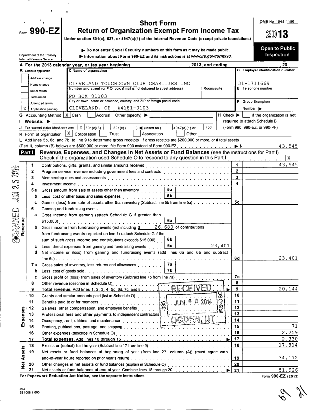 Image of first page of 2013 Form 990EZ for Cleveland Touchdown Club Charities Incorporated