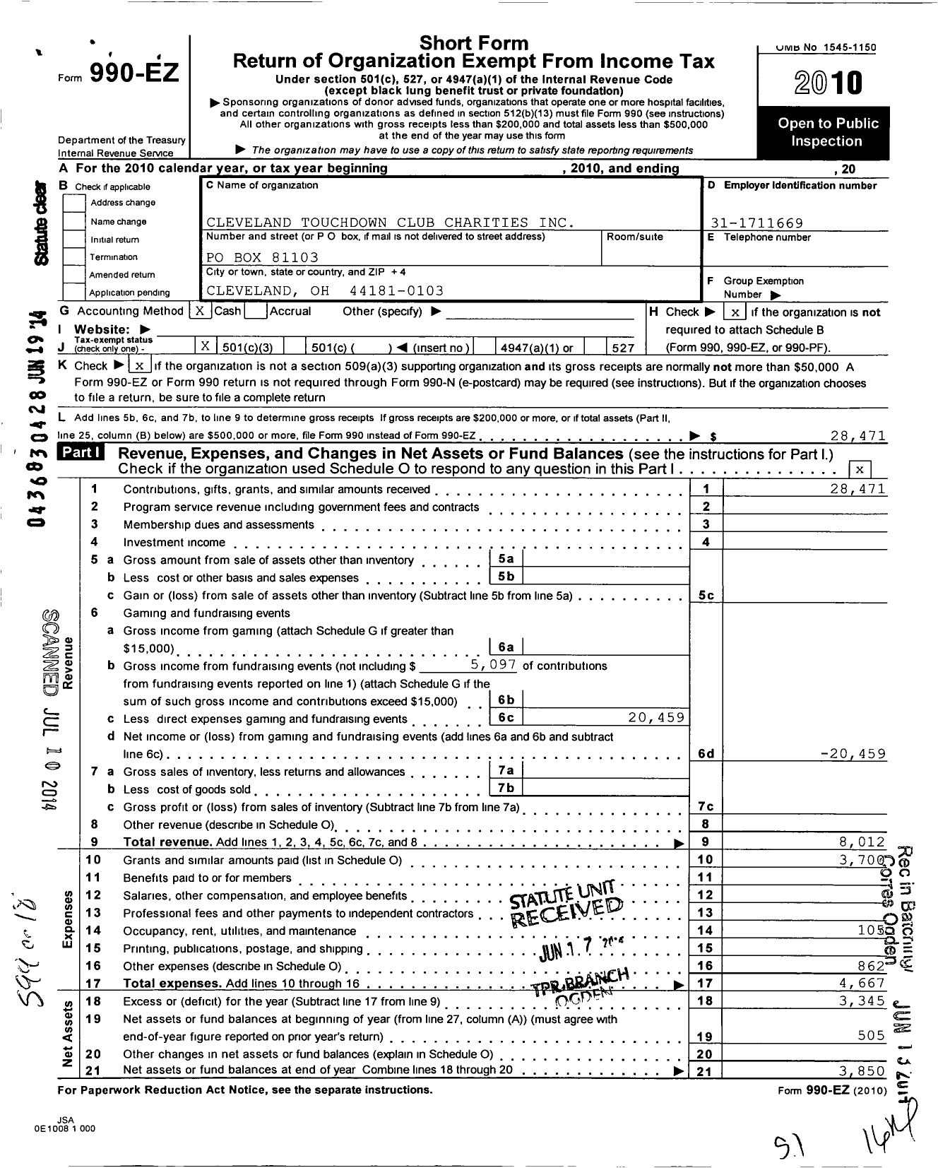 Image of first page of 2010 Form 990EZ for Cleveland Touchdown Club Charities Incorporated