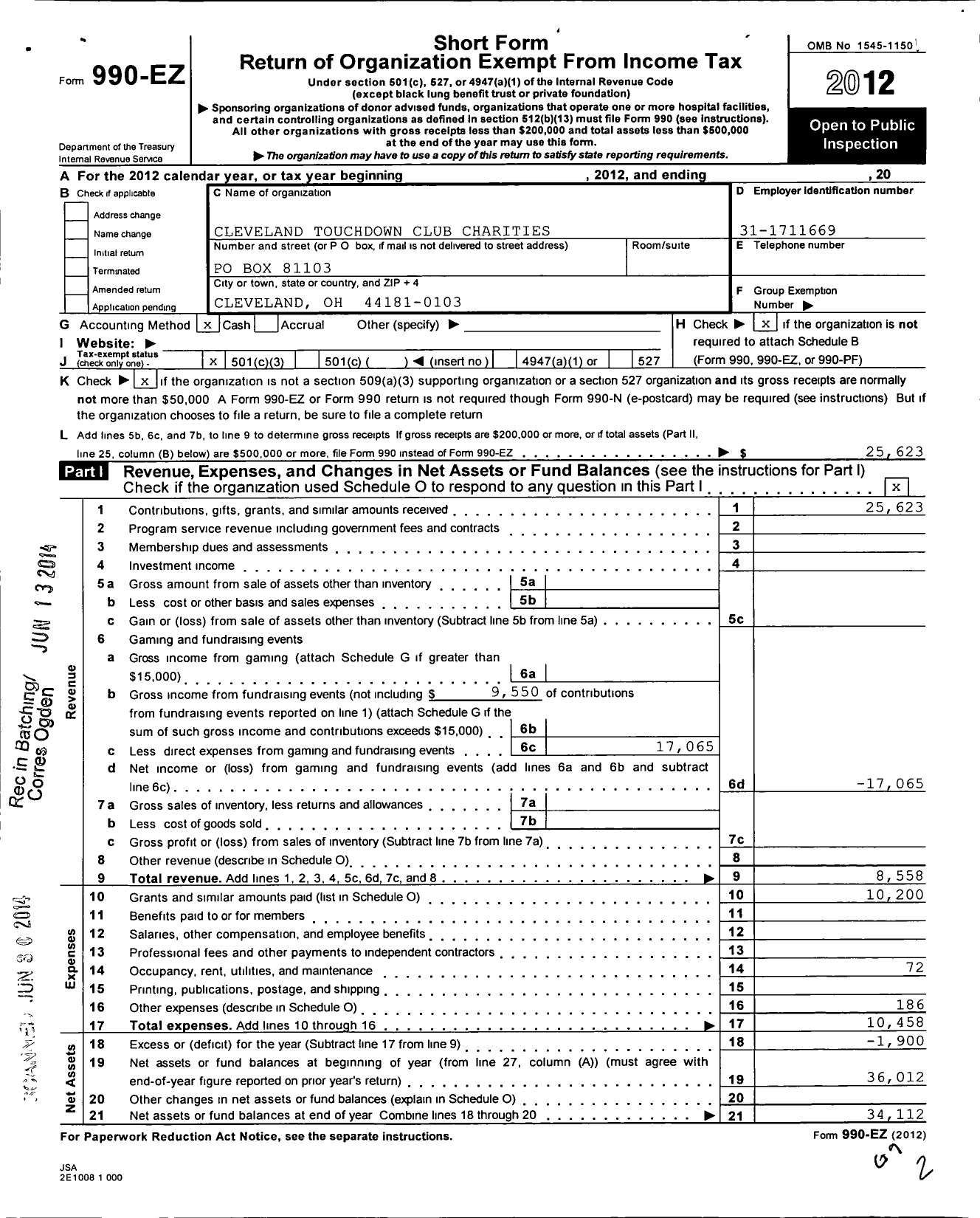 Image of first page of 2012 Form 990EZ for Cleveland Touchdown Club Charities Incorporated