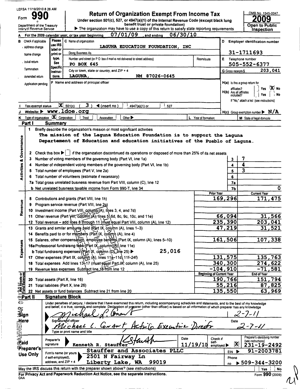 Image of first page of 2009 Form 990 for Laguna Education Foundation (LEF)