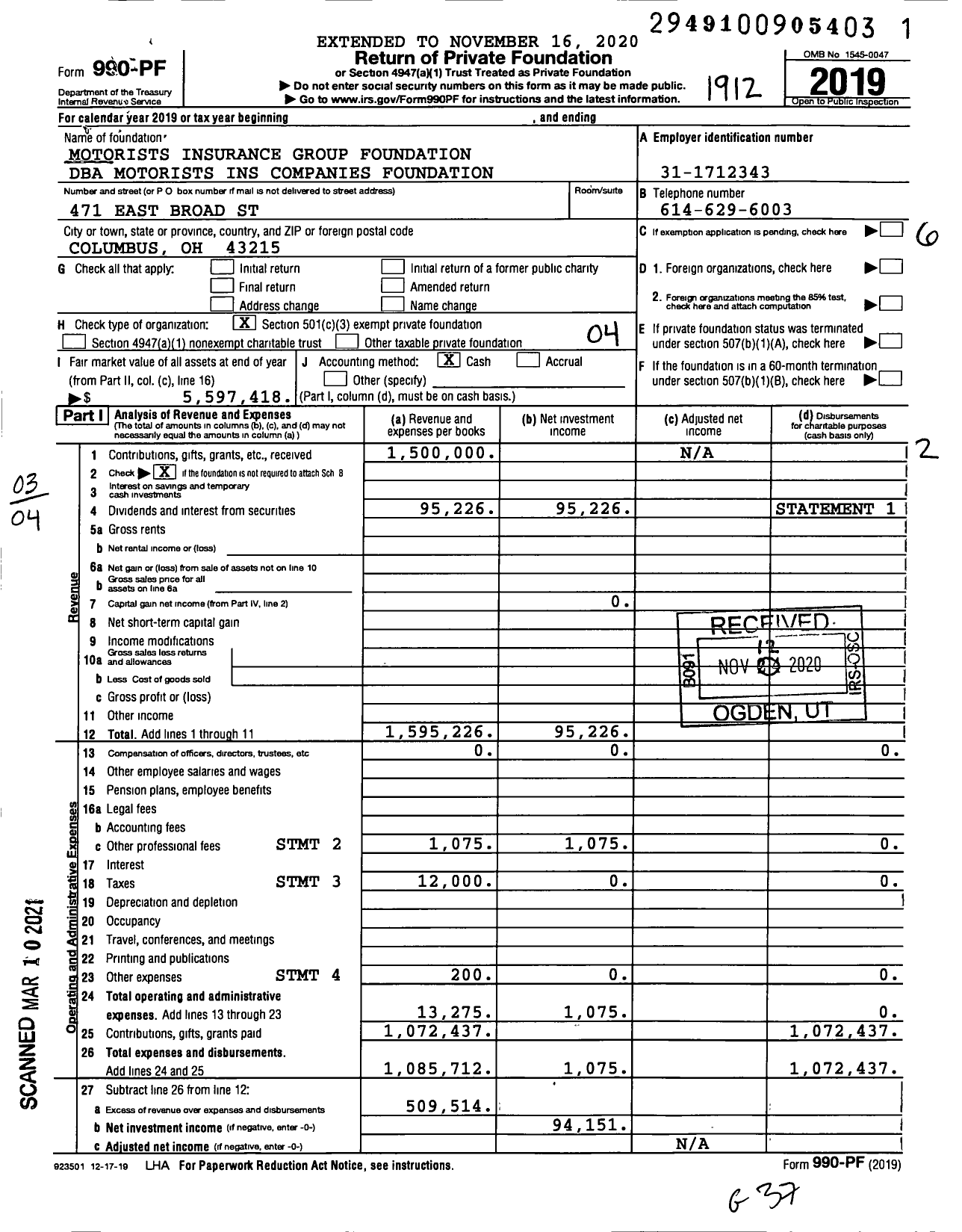 Image of first page of 2019 Form 990PF for Encova Foundation of Ohio