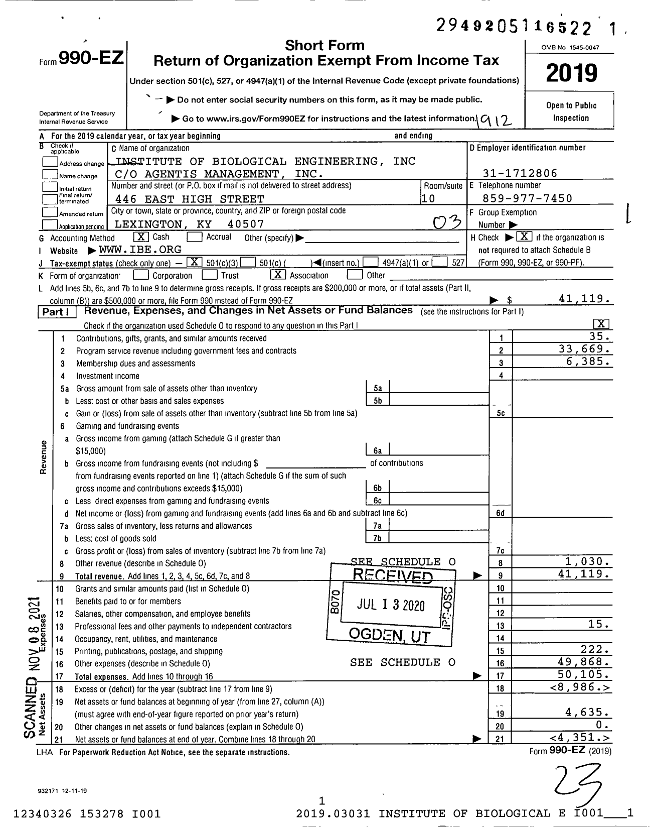 Image of first page of 2019 Form 990EZ for Institute of Biological Engineering