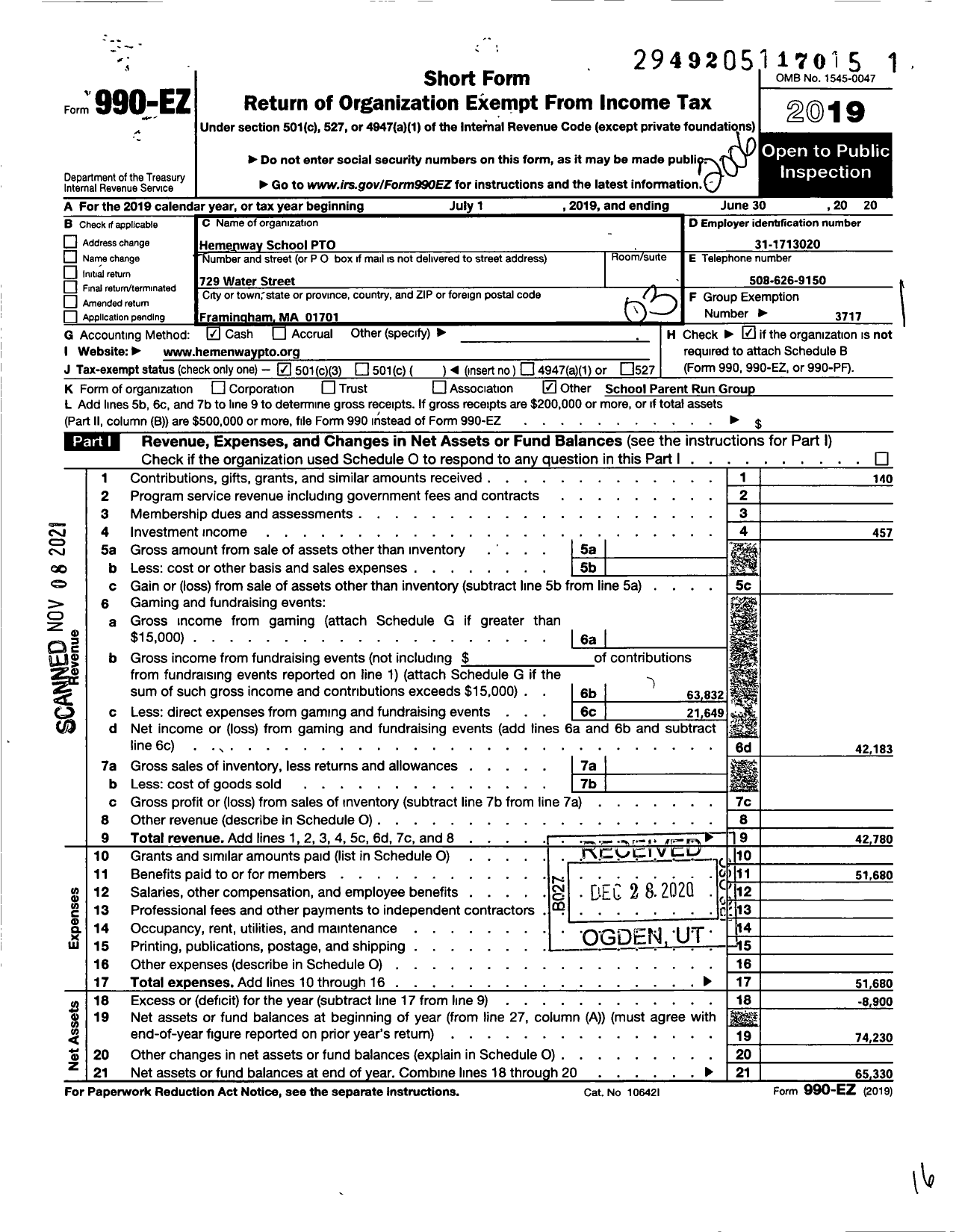 Image of first page of 2019 Form 990EZ for Framingham Townwide Pto Council / Hemenway School Pto