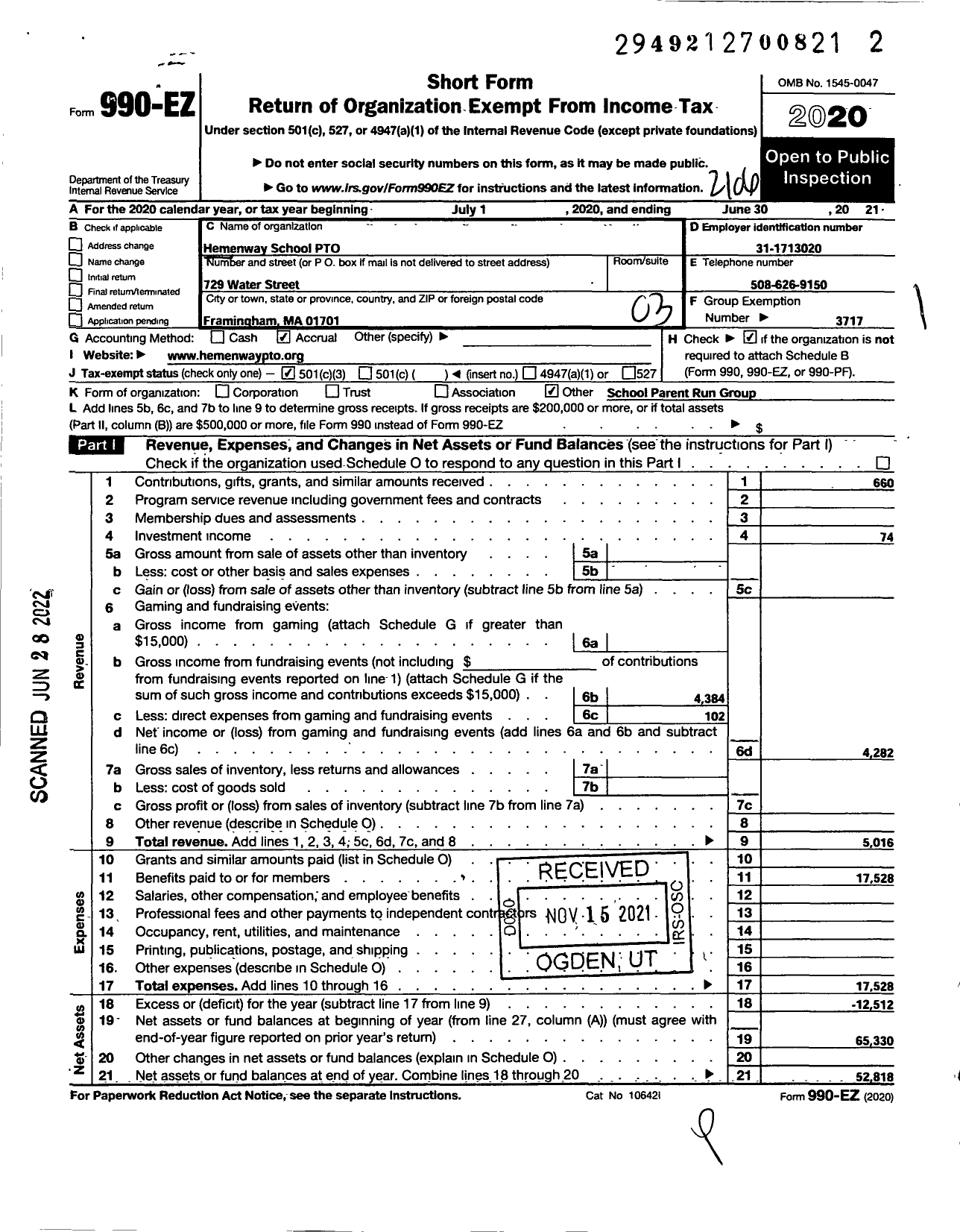 Image of first page of 2020 Form 990EZ for Framingham Townwide Pto Council / Hemenway School Pto