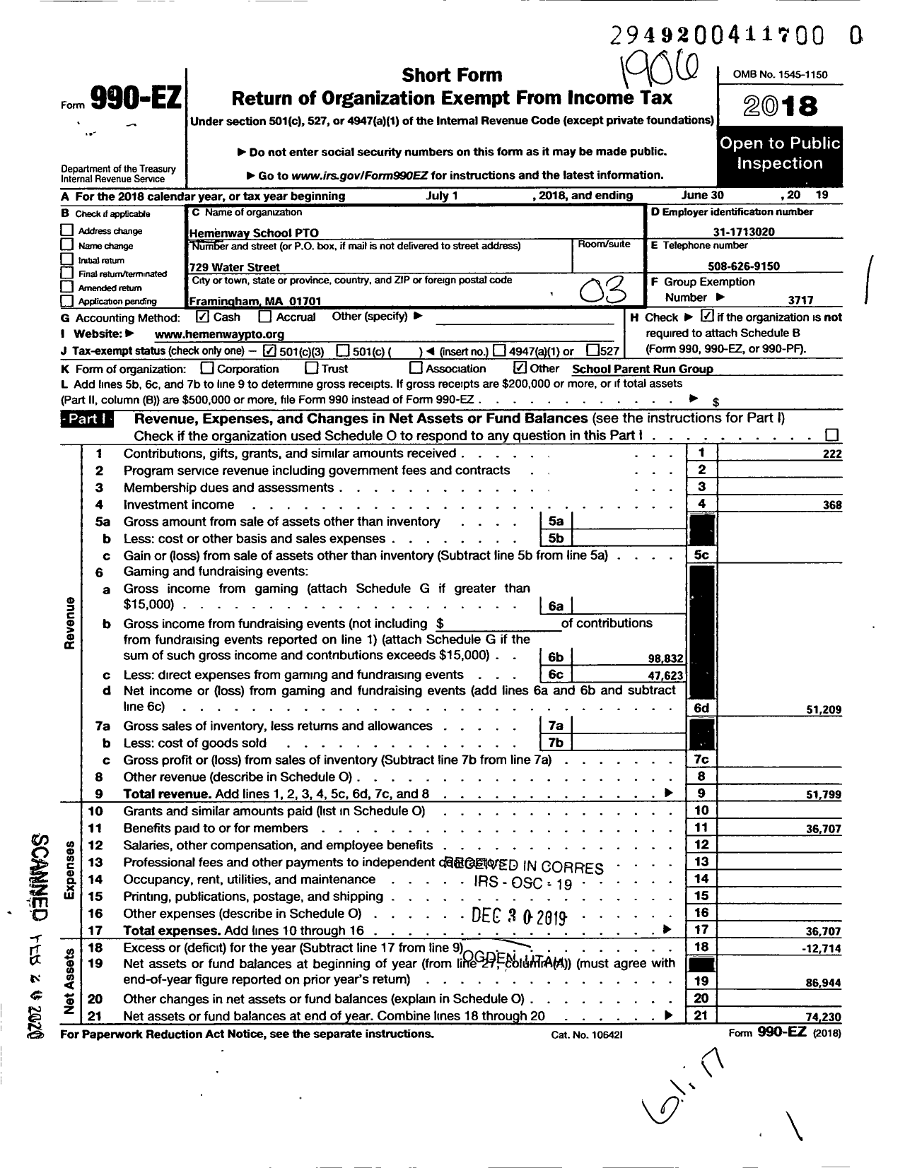 Image of first page of 2018 Form 990EZ for Framingham Townwide Pto Council / Hemenway School Pto