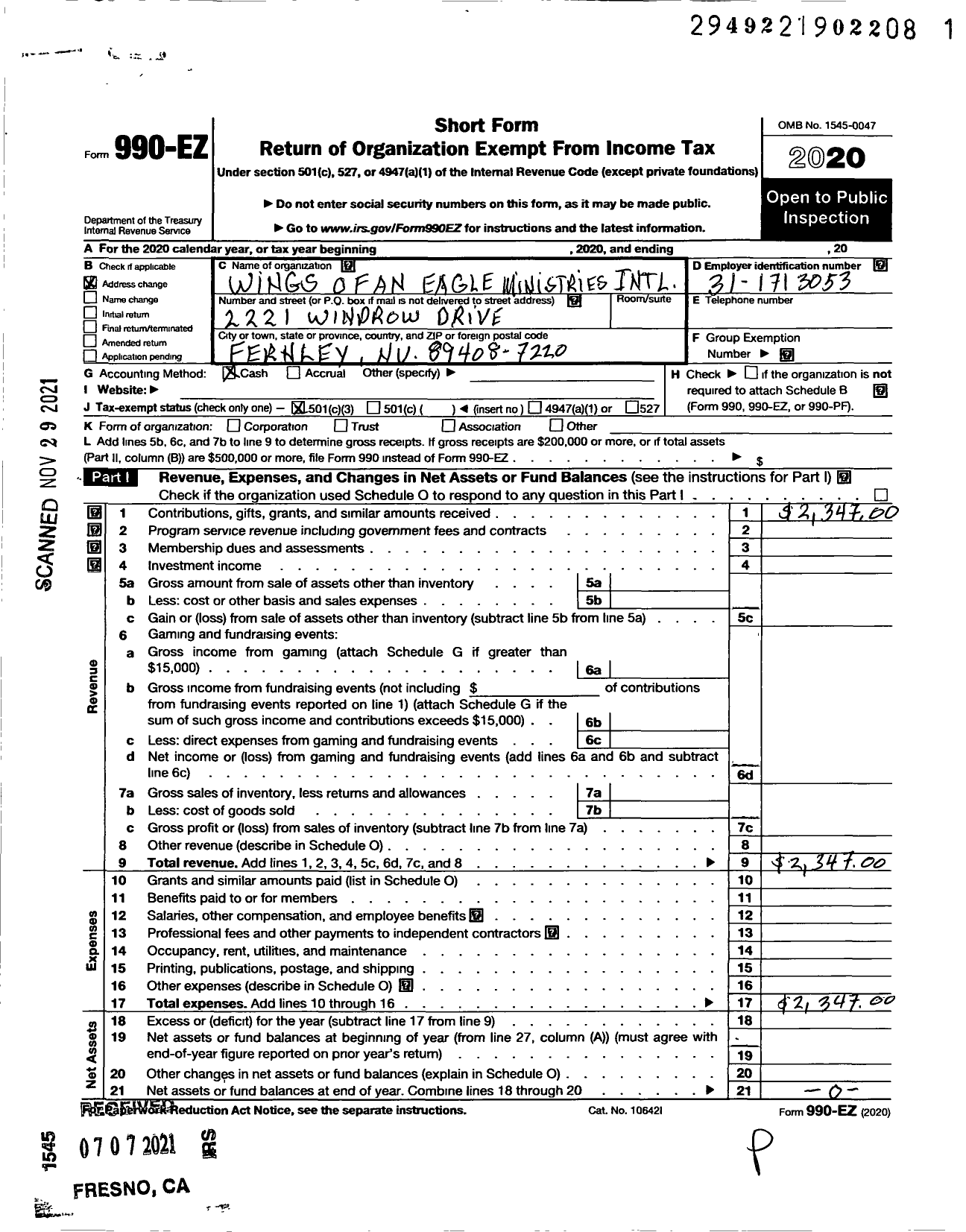 Image of first page of 2020 Form 990EZ for Wings of An Eagle Ministries International