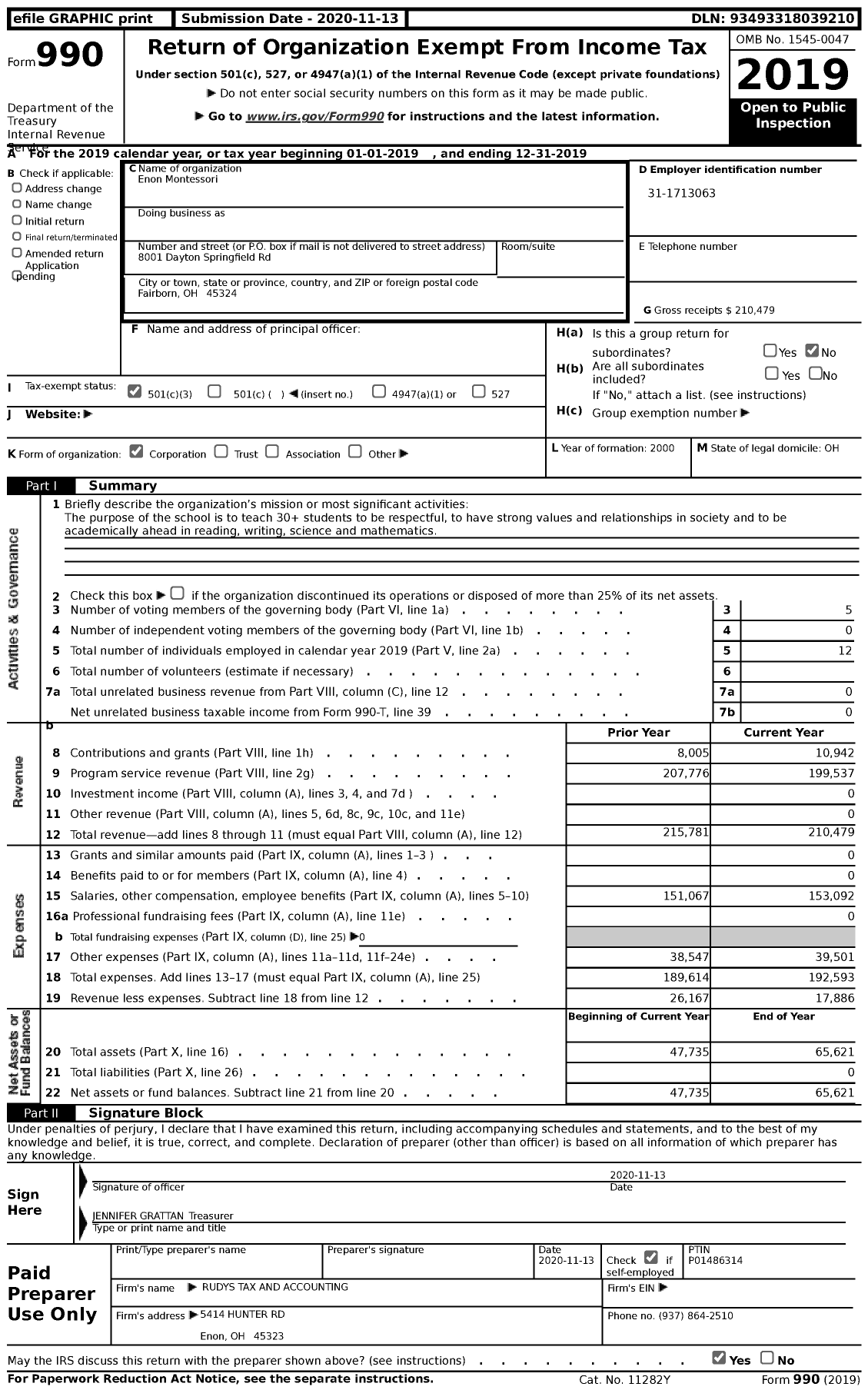 Image of first page of 2019 Form 990 for Enon Montessori