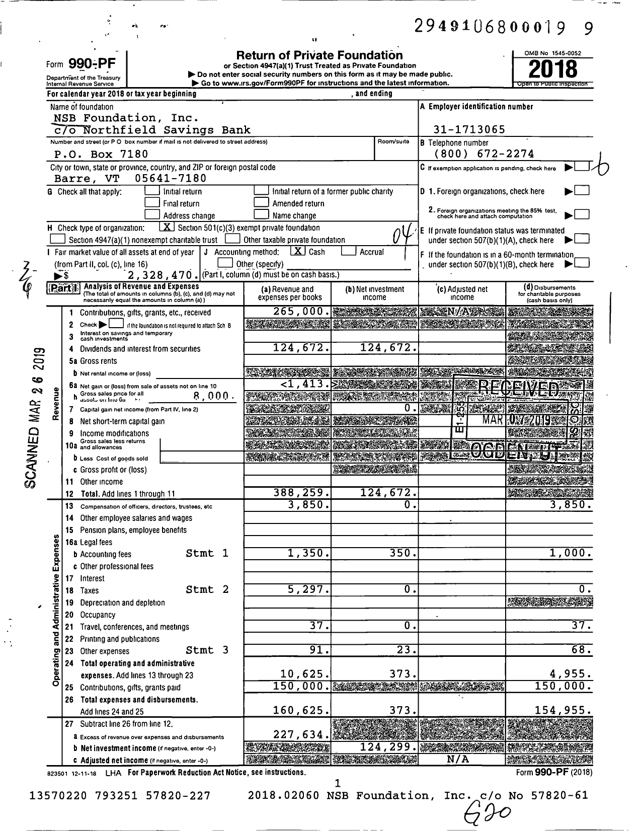 Image of first page of 2018 Form 990PF for NSB Foundation