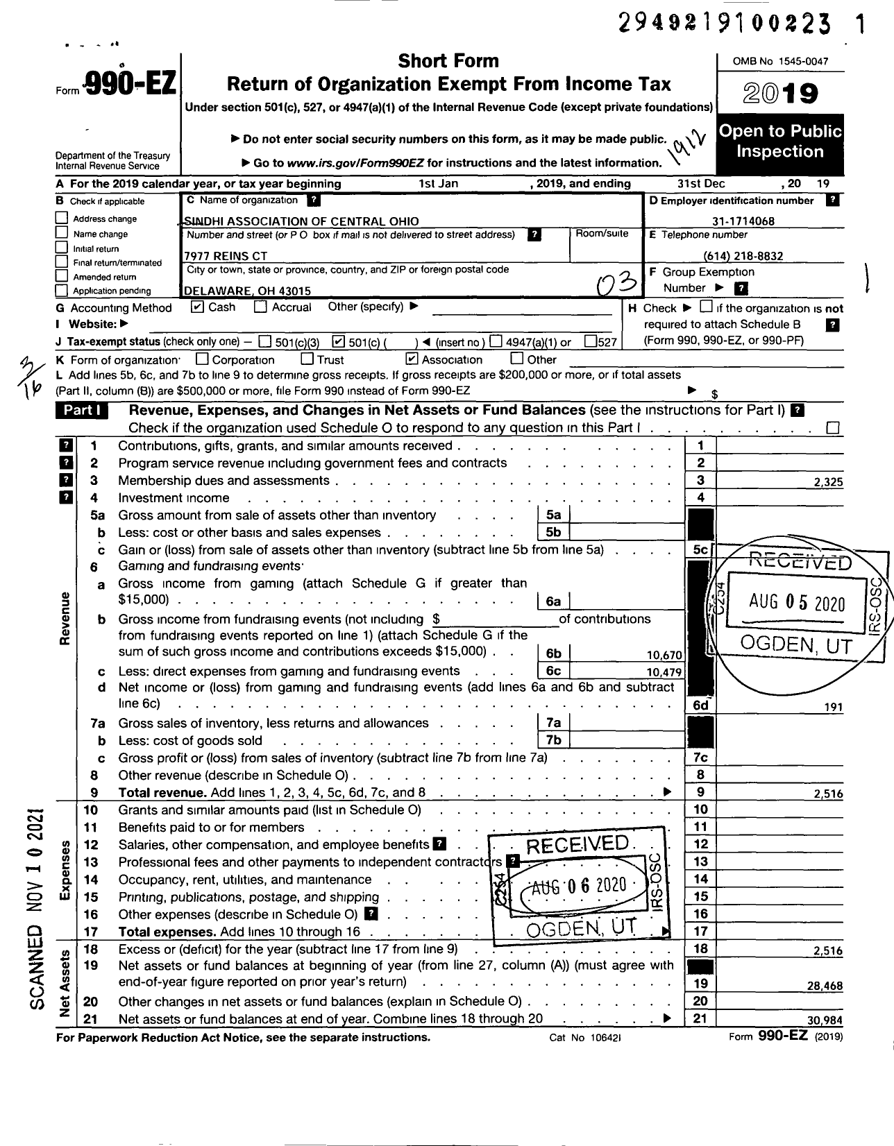 Image of first page of 2019 Form 990EZ for Sindhi Association of Central Ohio (SACO)