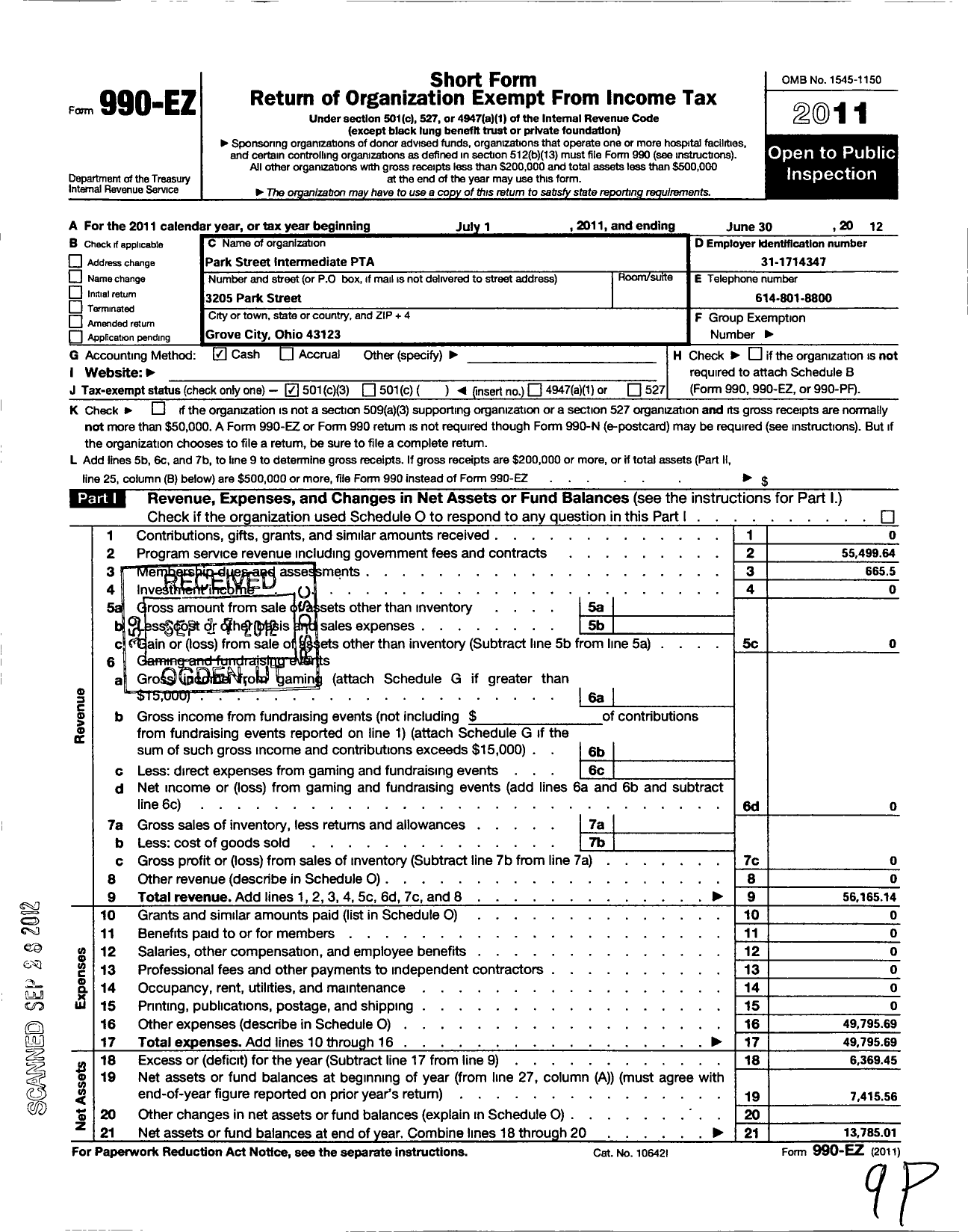 Image of first page of 2011 Form 990EZ for PTA OHIO CONGRESS / Park Street Intermediate