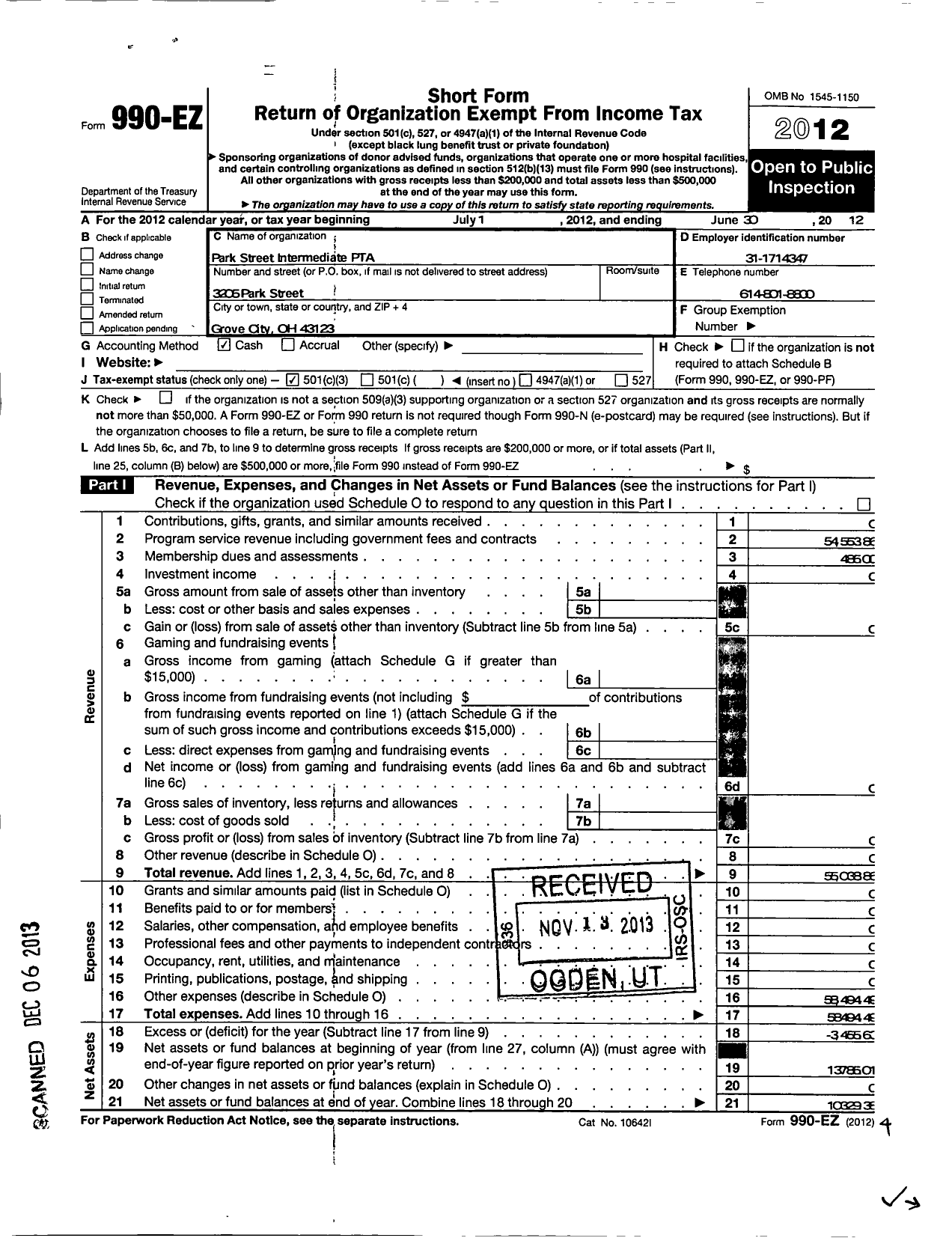 Image of first page of 2011 Form 990EZ for PTA OHIO CONGRESS / Park Street Intermediate