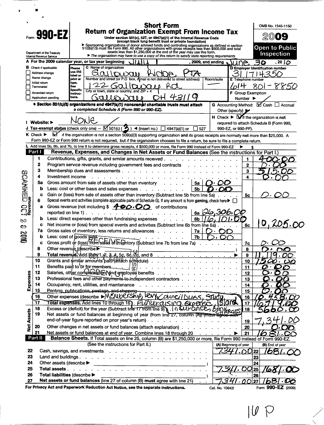 Image of first page of 2009 Form 990EZ for PTA Ohio Congress / Galloway Ridge PTA