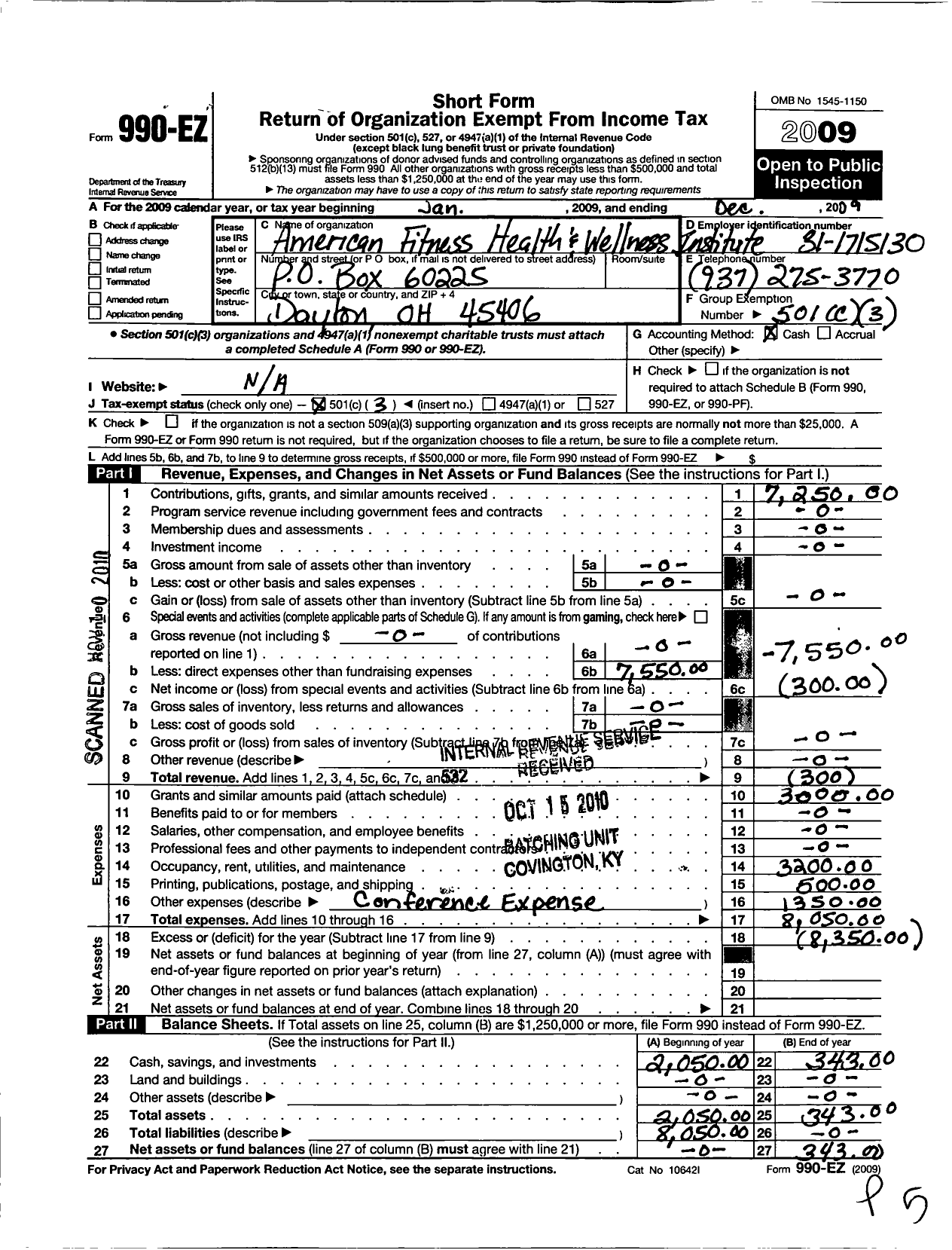 Image of first page of 2009 Form 990EZ for American Fitness Health and Wellness Institute