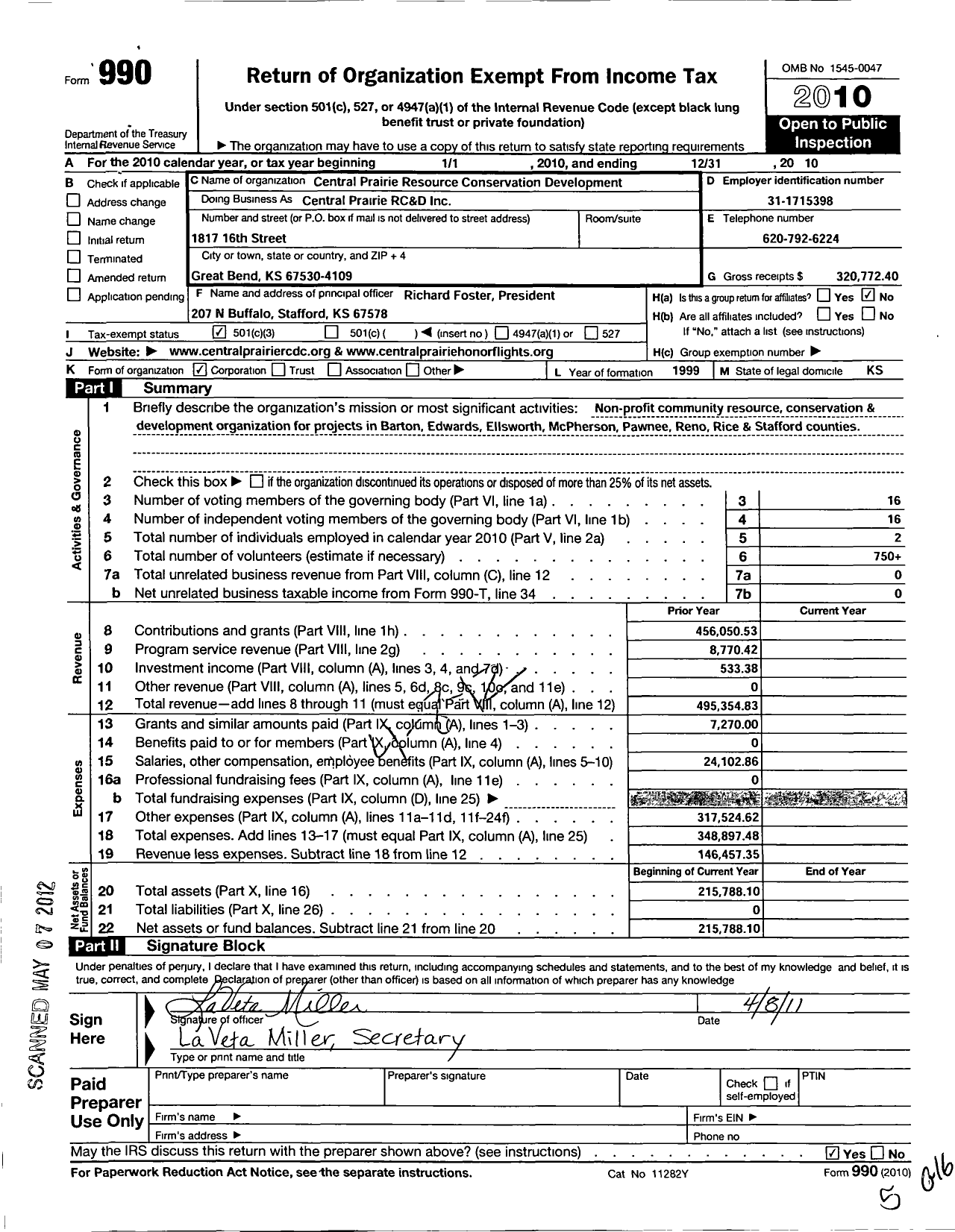 Image of first page of 2010 Form 990 for Central Prairie Resource Conservation and Development Area