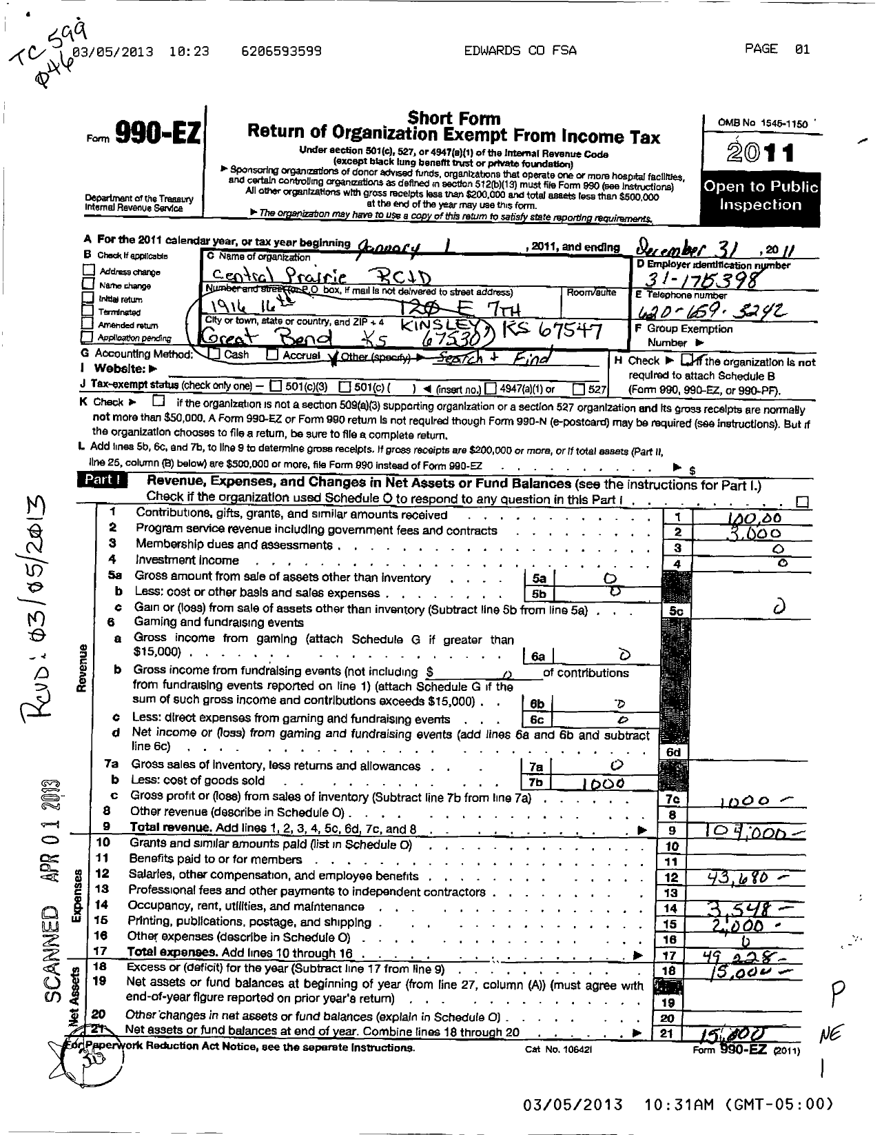 Image of first page of 2011 Form 990EO for Central Prairie Resource Conservation and Development Area