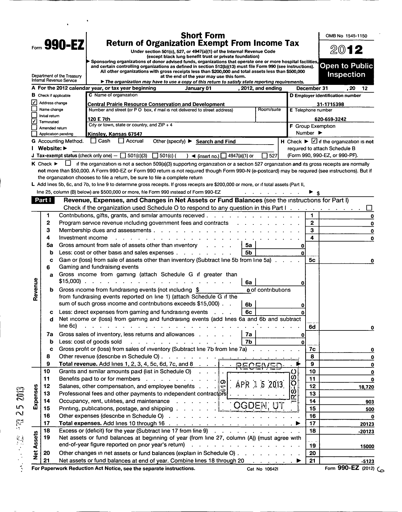 Image of first page of 2012 Form 990EO for Central Prairie Resource Conservation and Development Area