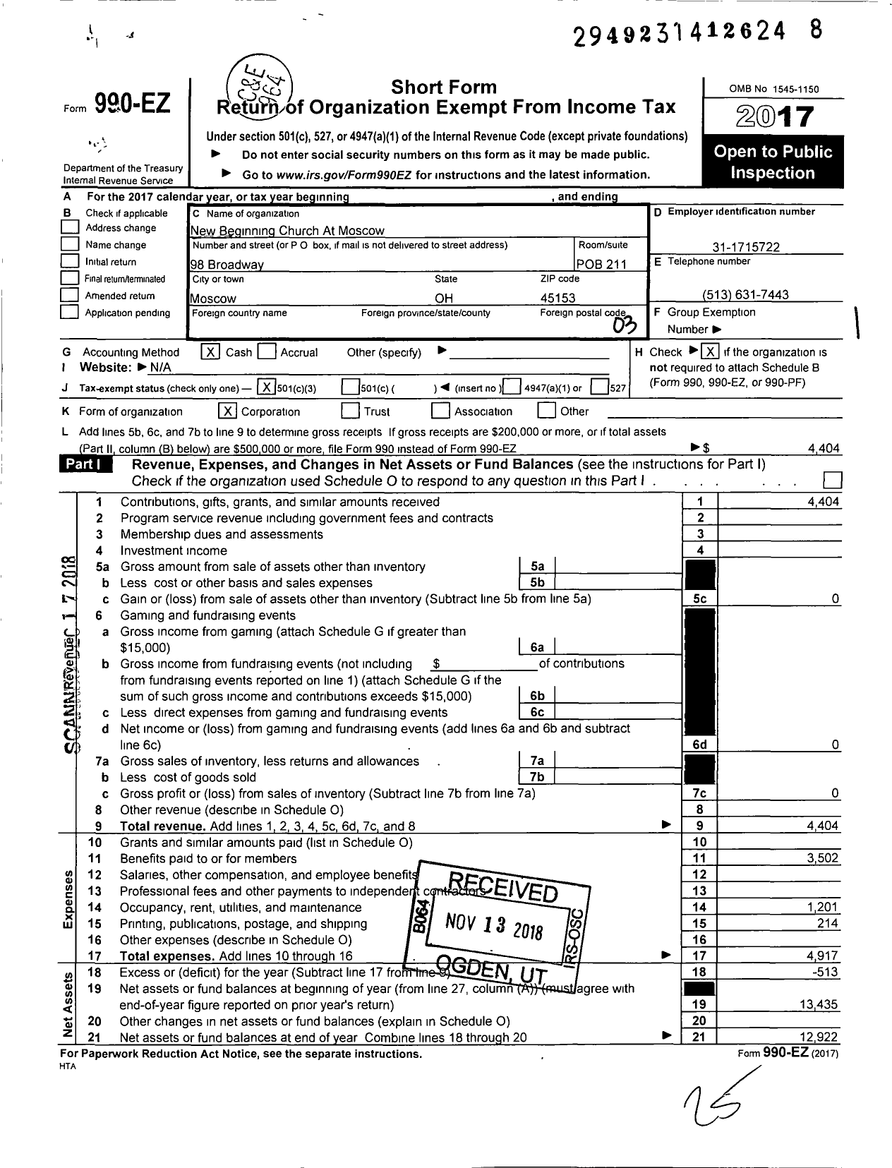 Image of first page of 2017 Form 990EZ for New Beginning Church at Moscow