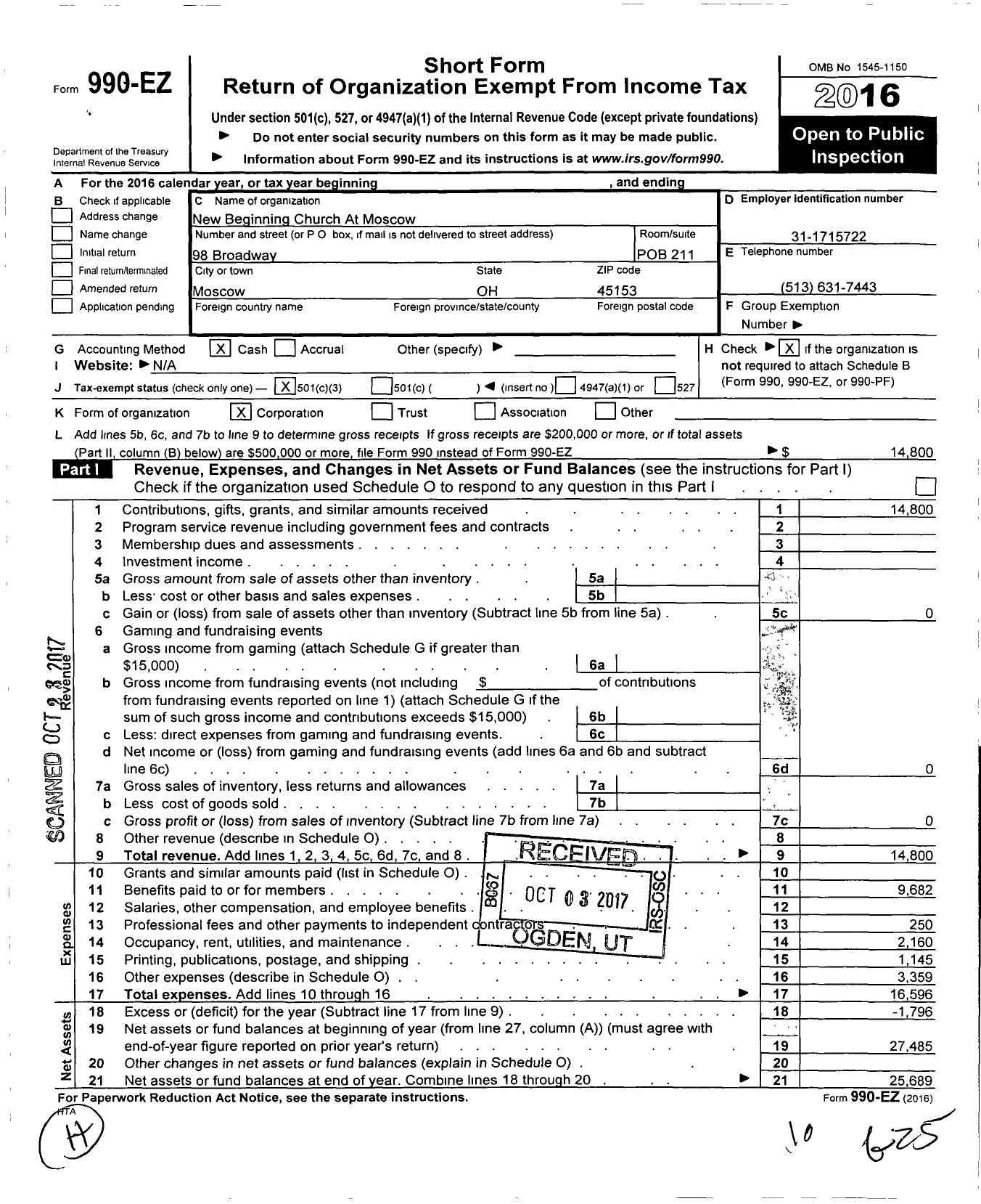 Image of first page of 2016 Form 990EZ for New Beginning Church at Moscow