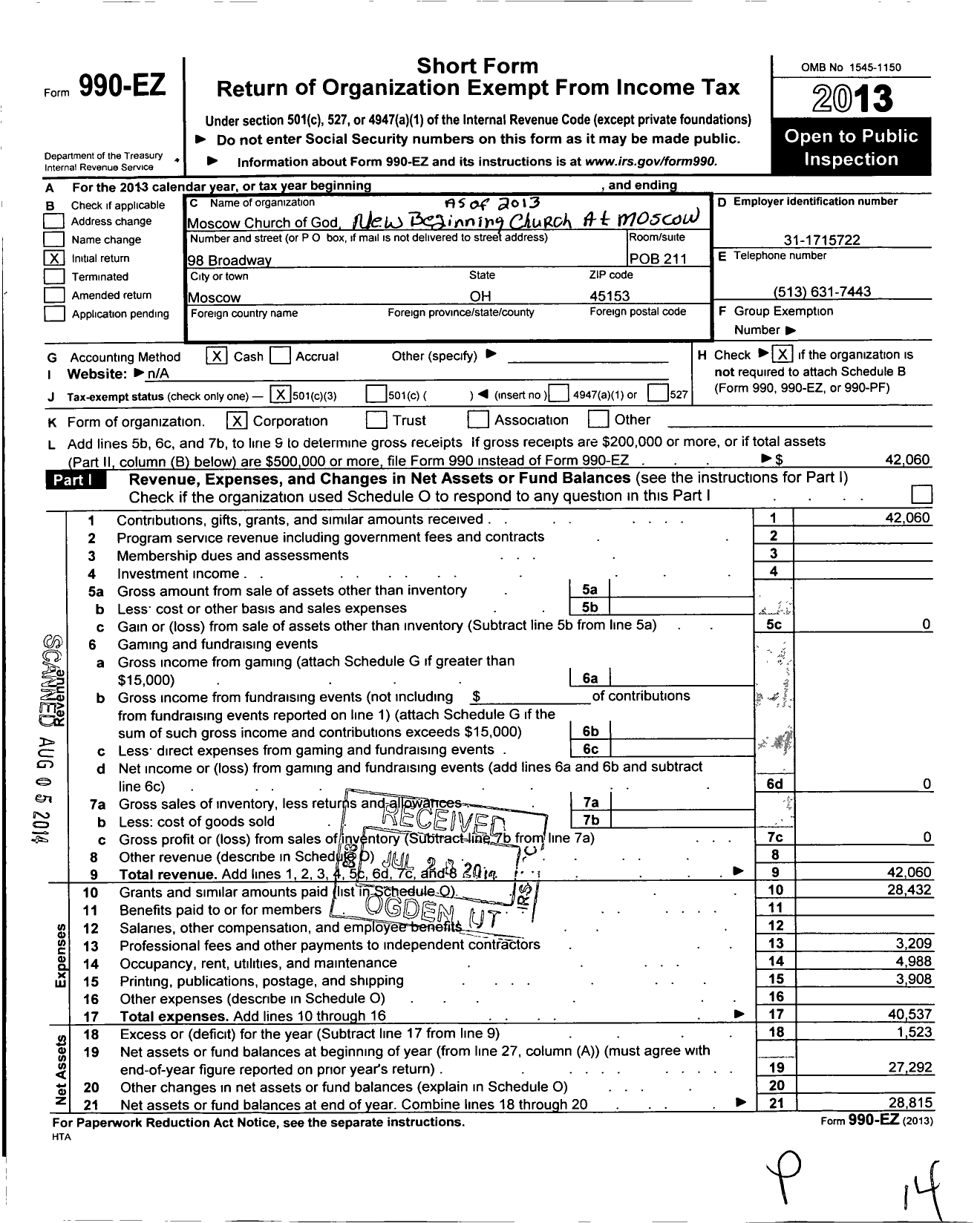 Image of first page of 2013 Form 990EZ for New Beginning Church at Moscow