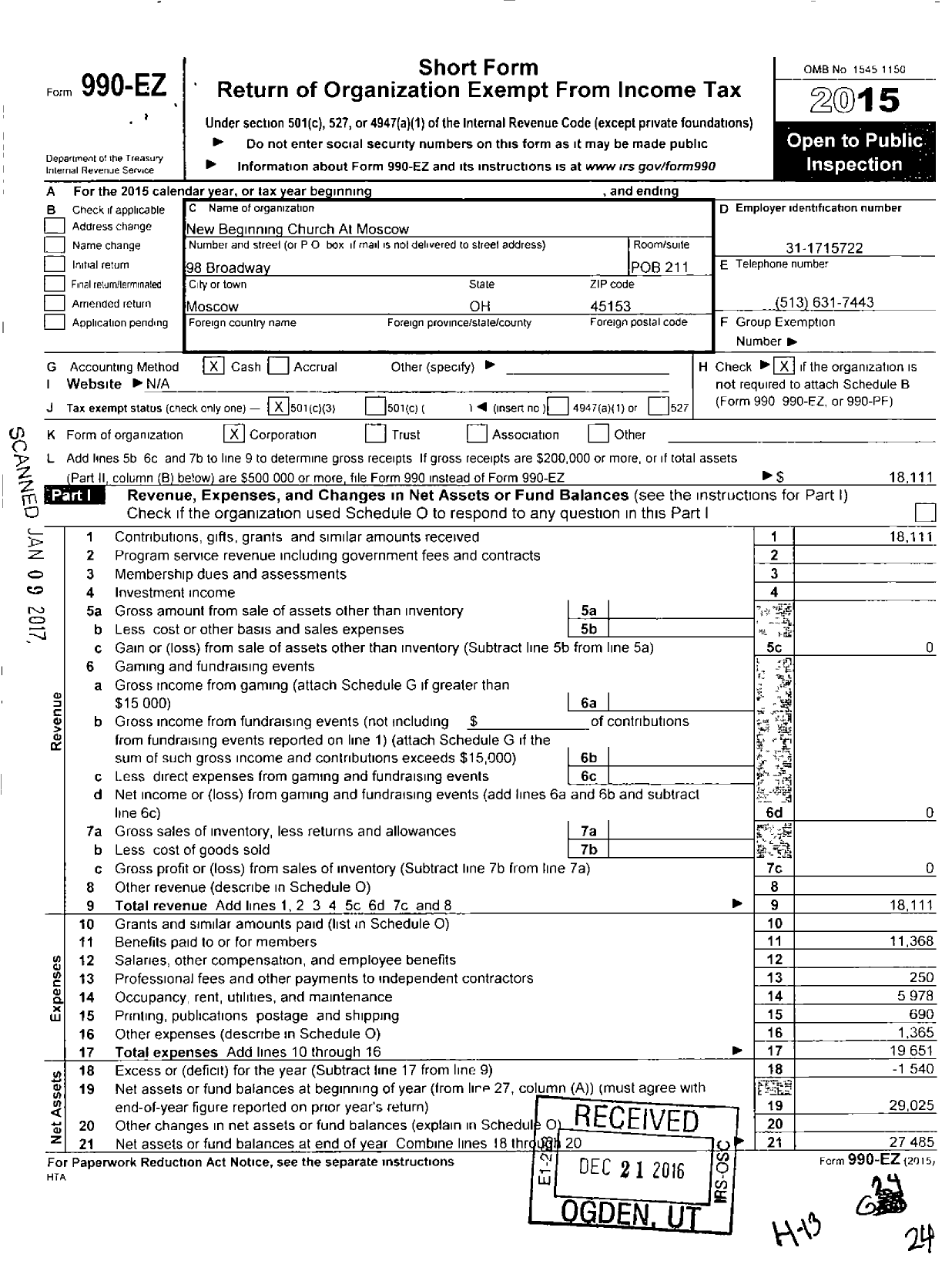 Image of first page of 2015 Form 990EZ for New Beginning Church at Moscow