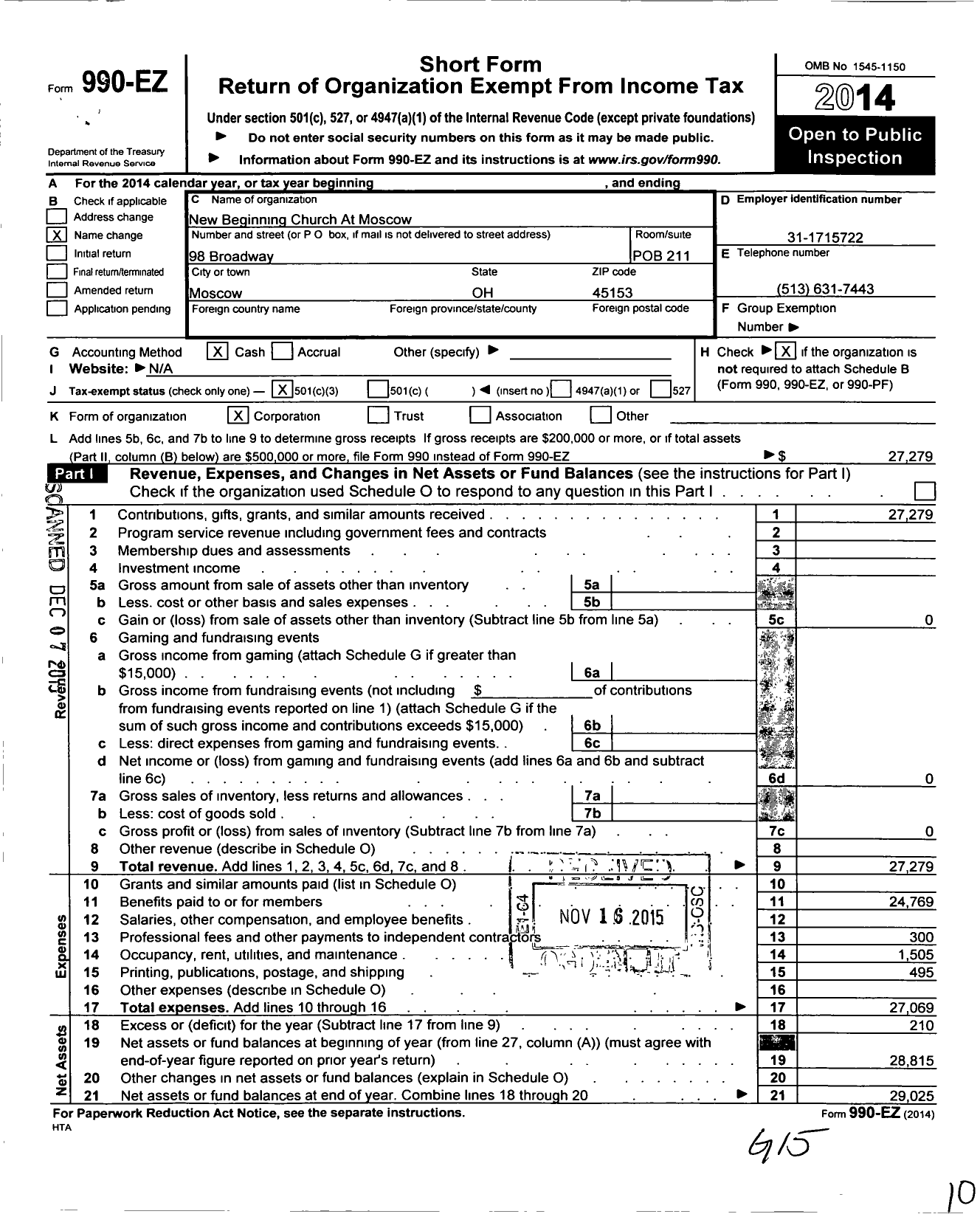 Image of first page of 2014 Form 990EZ for New Beginning Church at Moscow