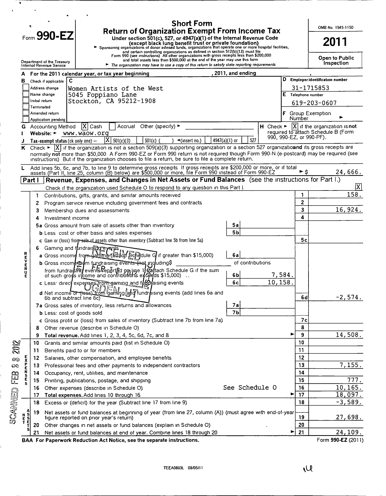 Image of first page of 2011 Form 990EZ for Women Artists of the West