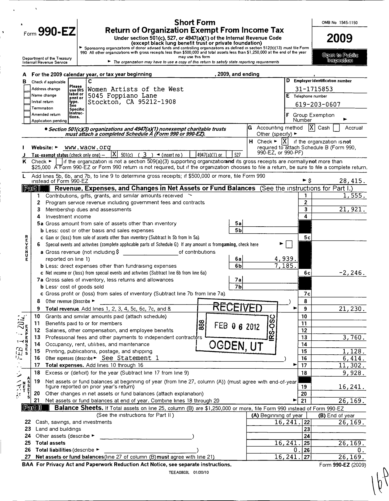 Image of first page of 2009 Form 990EZ for Women Artists of the West