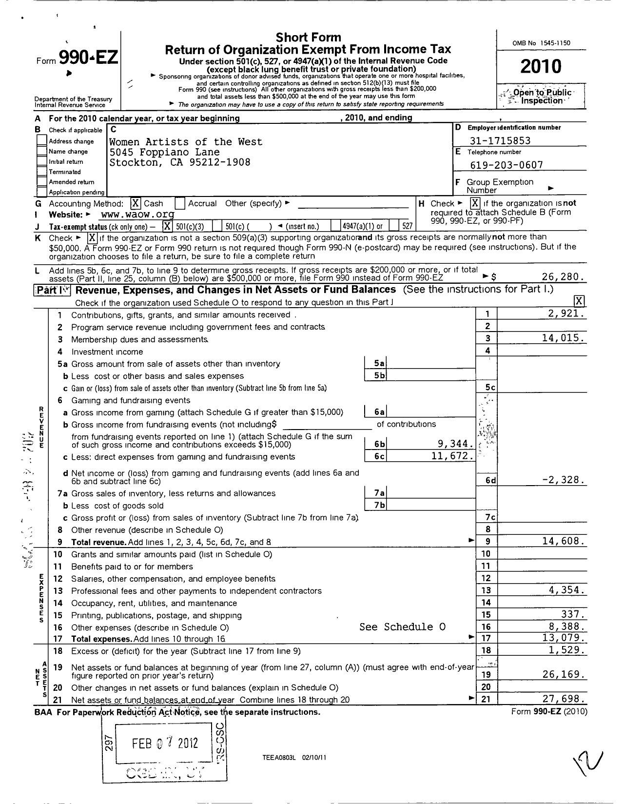 Image of first page of 2010 Form 990EZ for Women Artists of the West