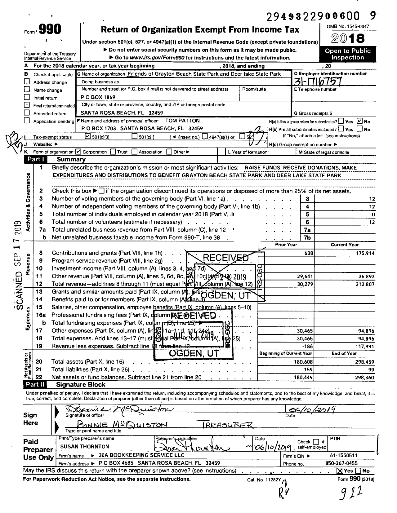 Image of first page of 2018 Form 990 for Friends of Grayton Beach State Park and Deer Lake State Park