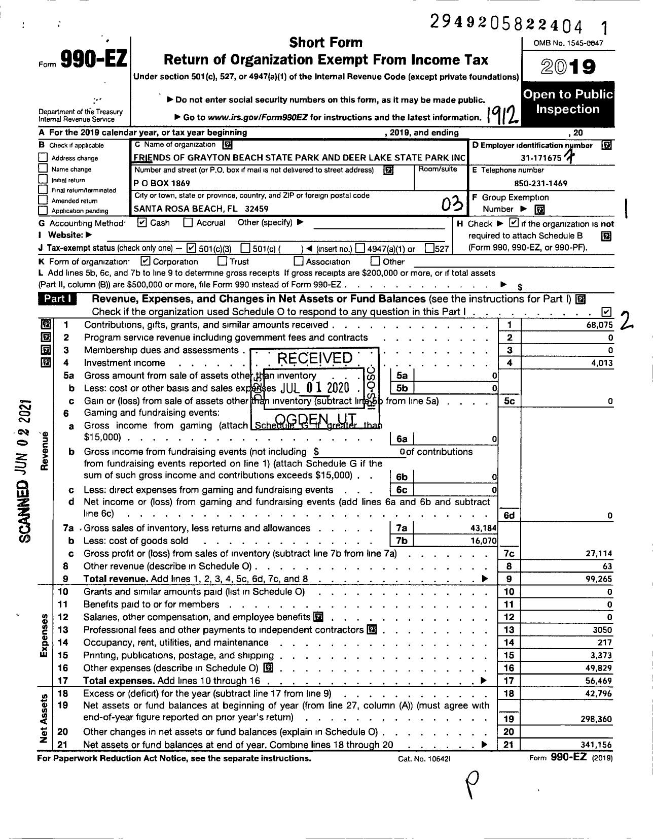 Image of first page of 2019 Form 990EZ for Friends of Grayton Beach State Park and Deer Lake State Park