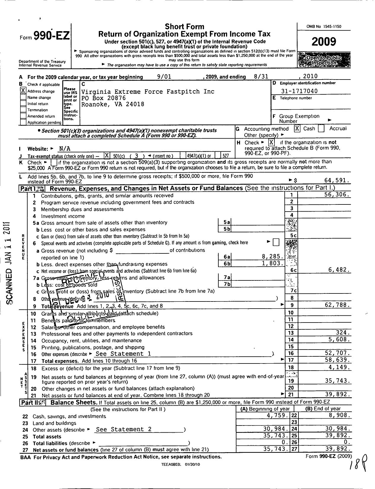 Image of first page of 2009 Form 990EZ for Virginia Extreme Fastpitch